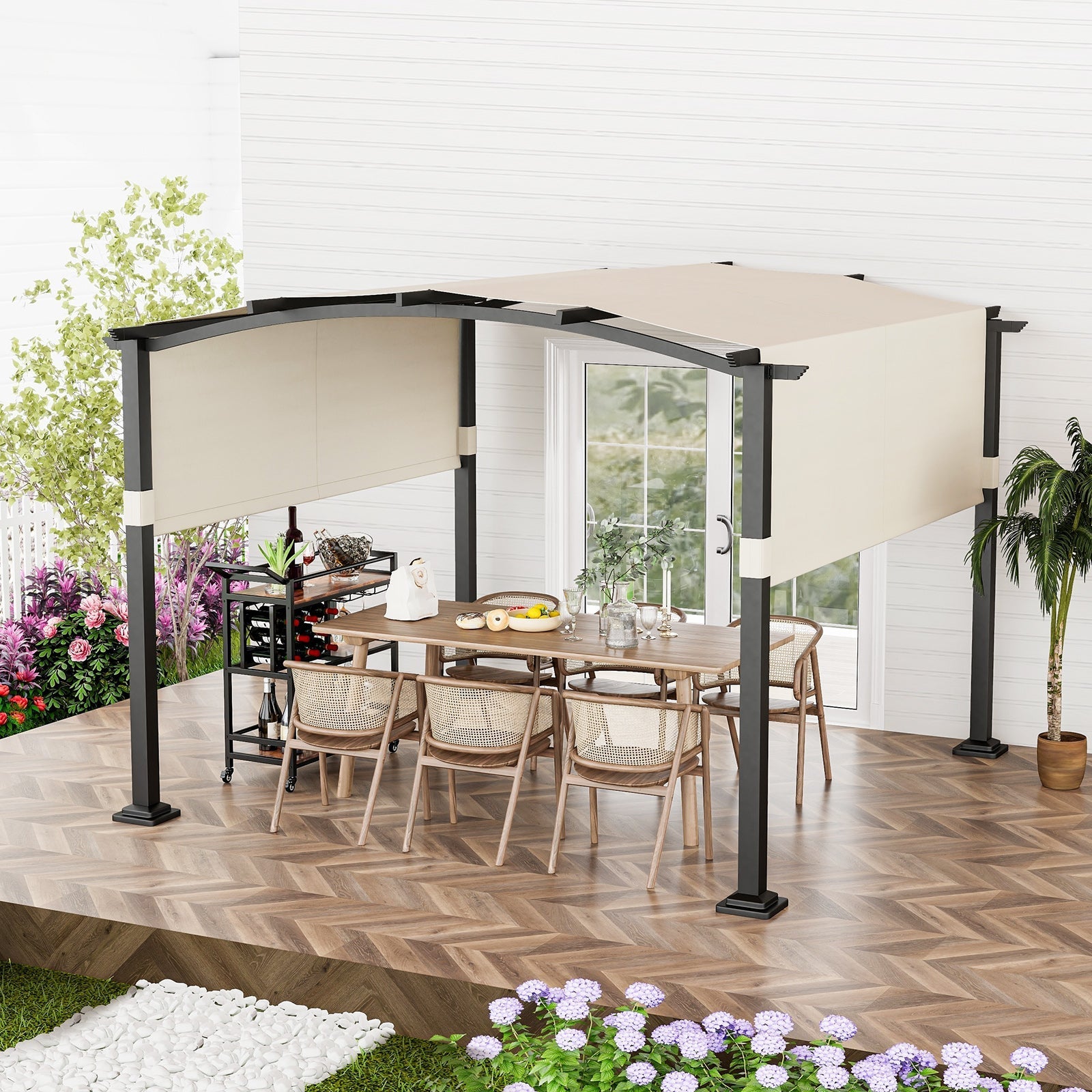 10 x 10 ft Outdoor Pergola Modern Arched Patio Garden Shelter with Retractable Sunshade Canopy