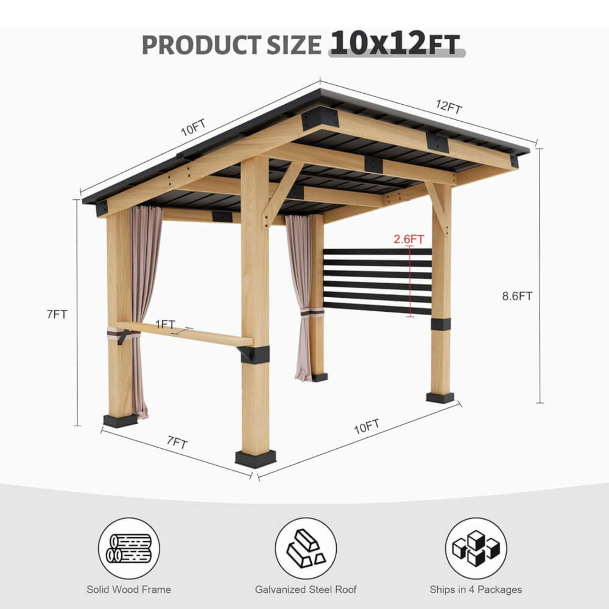 Alora Cedar Hardtop Outdoor Gazebo with Metal Roof and Back Curtains