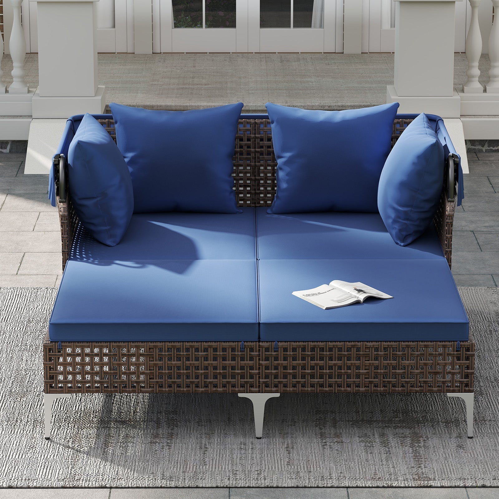 Outdoor Daybed with Retractable Canopy PE Wicker Rattan Patio Lounger