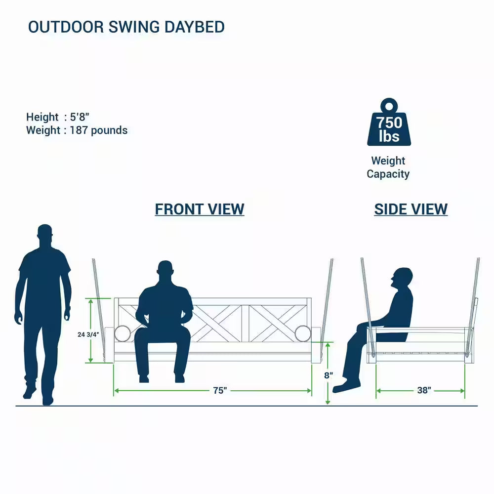 Largo 2-Person Teak Wood Porch Swing Daybed with off White Cushion