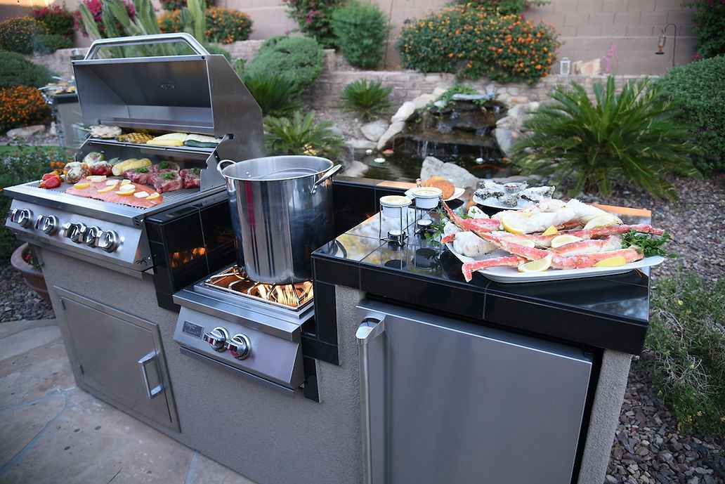 KoKoMo BBQ Island - 7'6" Outdoor Kitchen with 4-Burner Grill, Wok Burner & Refrigerator