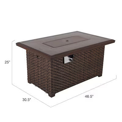 Brown wicker fire pit table with dimensions on a white background