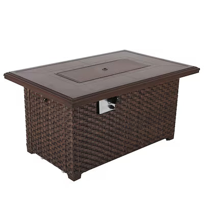 Brown wicker fire pit table with glass top on a white background