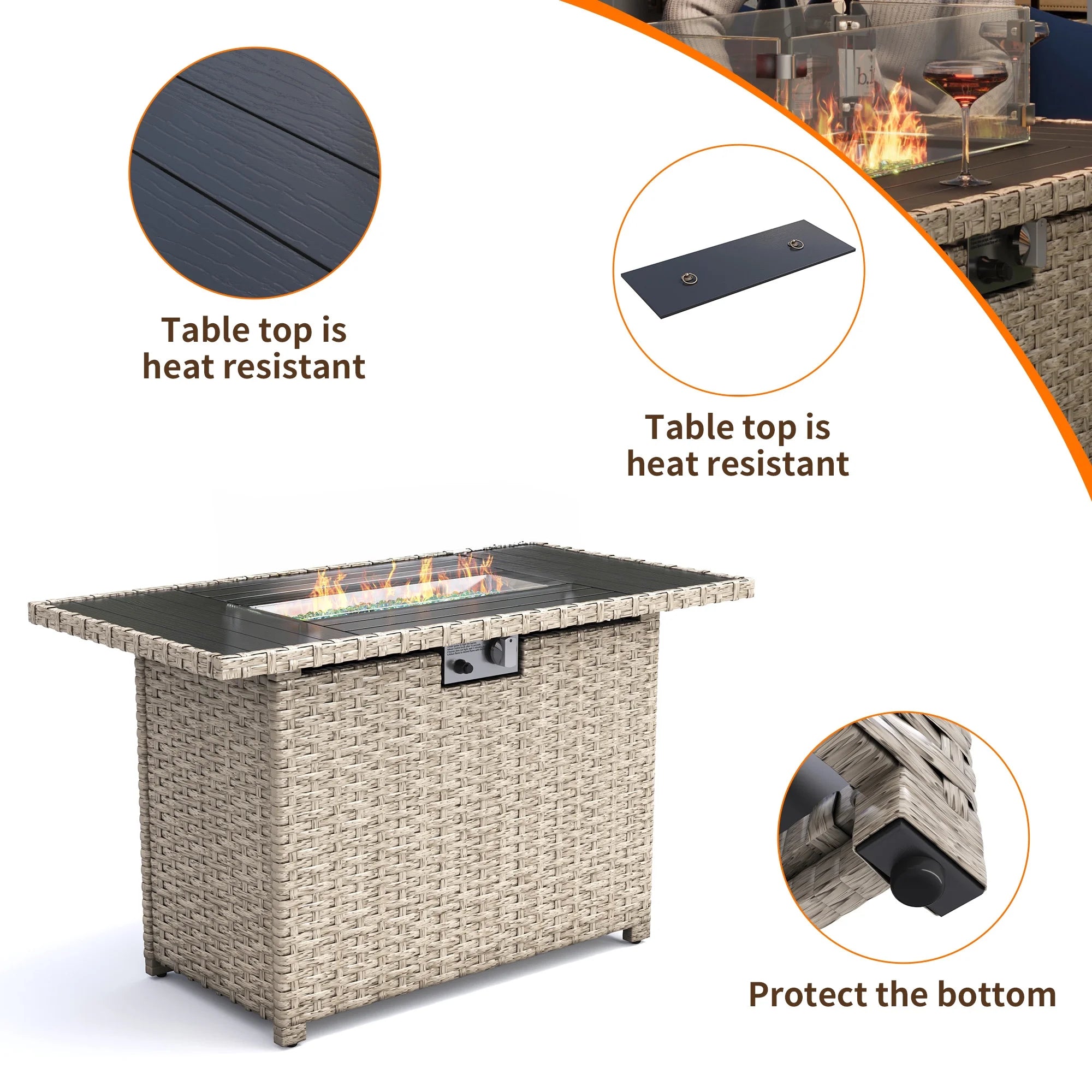6 Pieces Patio Conversation Set with Firepit, Outdoor Sectional PE Rattan Wicker Furniture Seat,Navy
