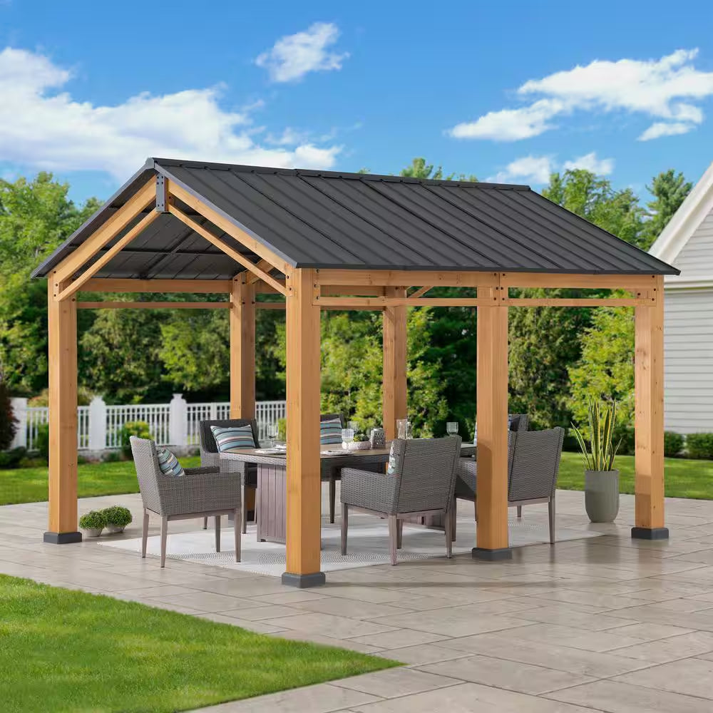 Hanover 11 Ft. W X 13 Ft. D X 10 Ft. H Cedar Wood Frame Carport Gazebo with Powdwe Coated Steel Roof