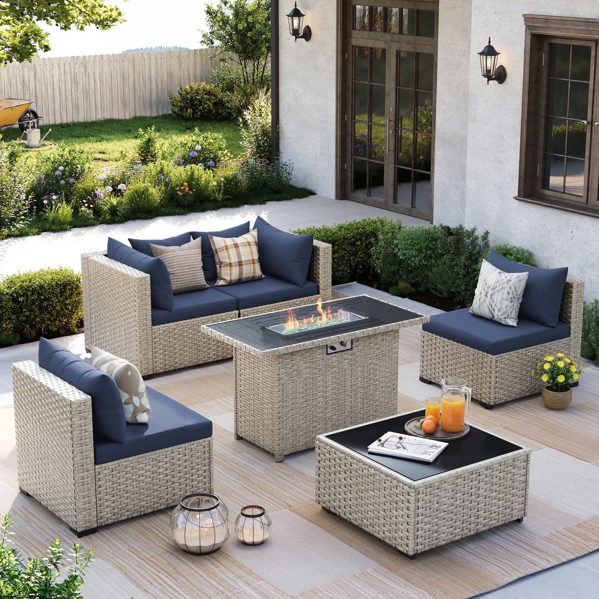 6 Pieces Patio Conversation Set with Firepit, Outdoor Sectional PE Rattan Wicker Furniture Seat,Navy