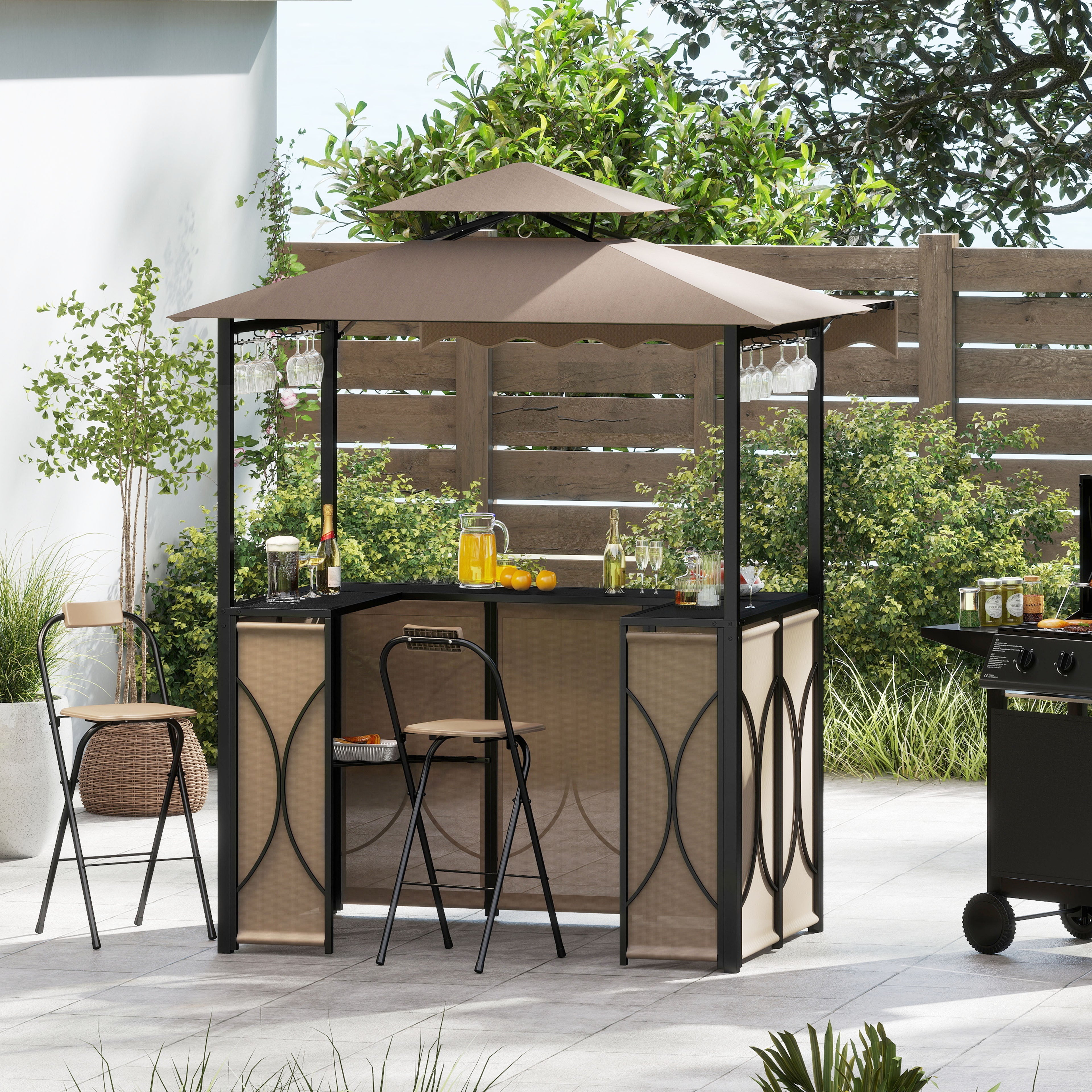 Grill Gazebo with Awning 3-Piece Outdoor BBQ Canopy Double-Tier Soft Top Barbecue Shelter