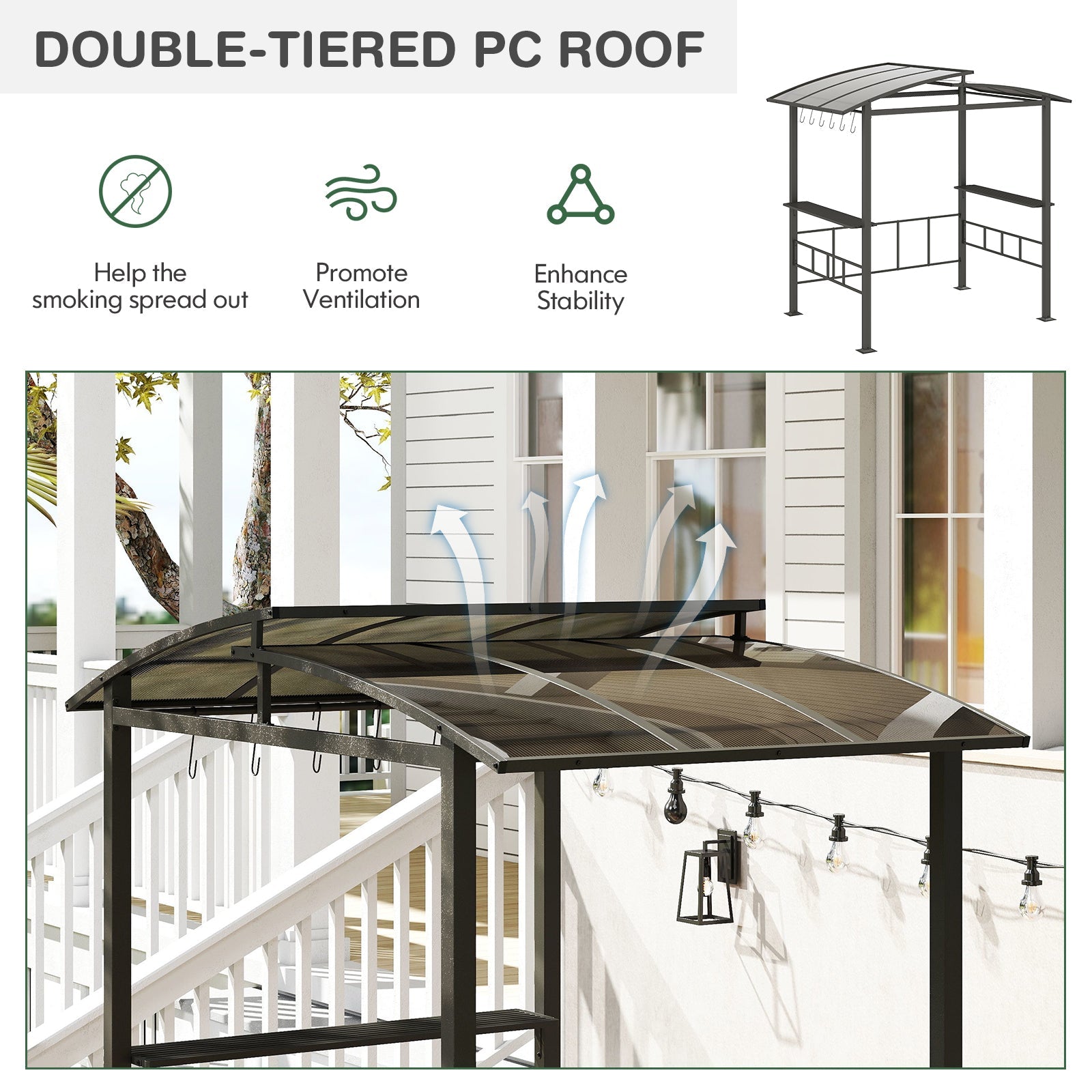 Hardtop Grill Gazebo with Vented Polycarbonate Roof Side Shelves-Black