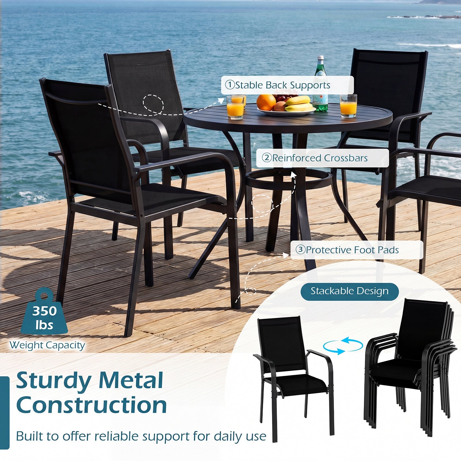 Patio Dining Chairs Set of 2/4/6 Stackable Outdoor Armchairs with Metal Frame