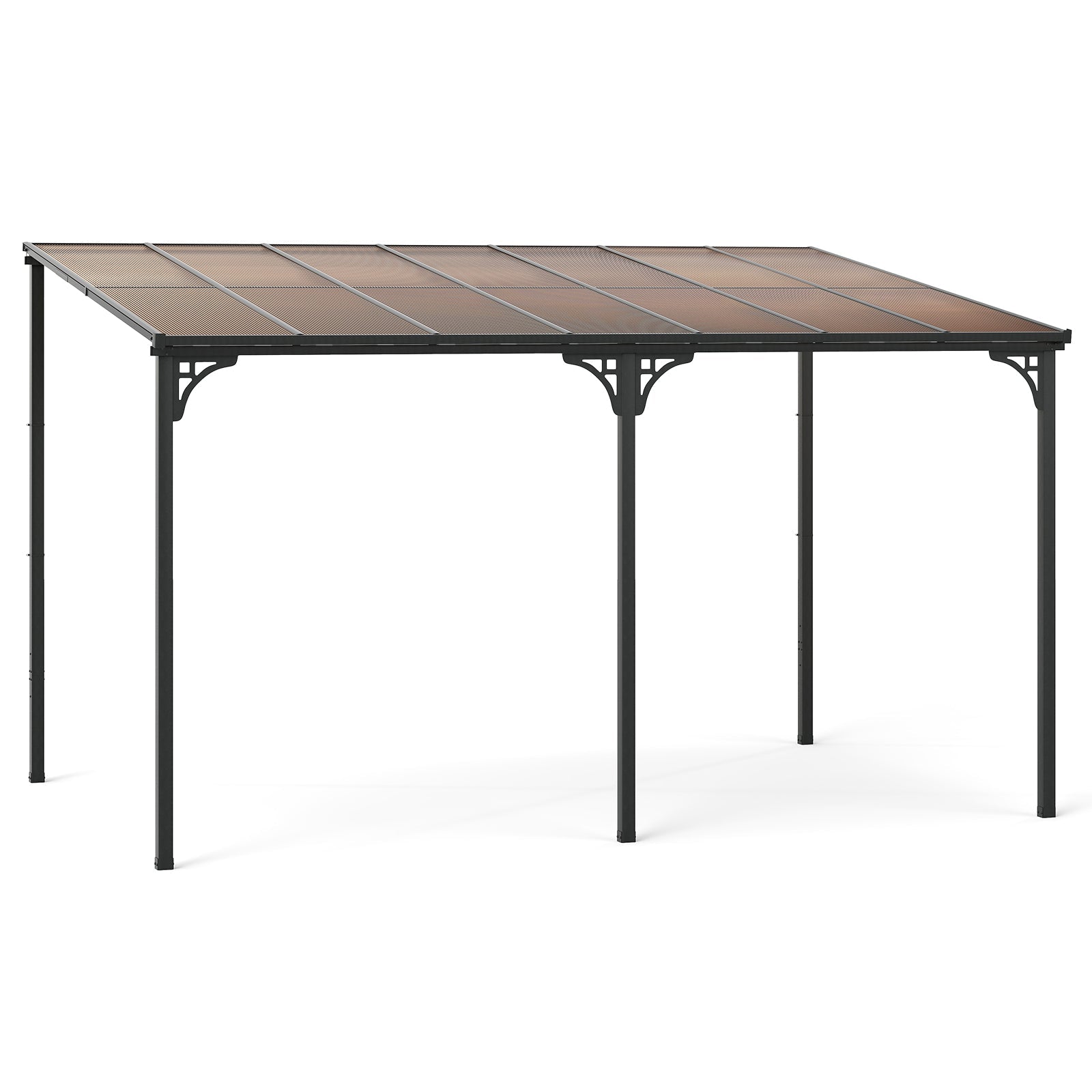 Wall-Mounted Patio Gazebo Large Outdoor Hardtop Pergola with Sloped Polycarbonate Roof-Black