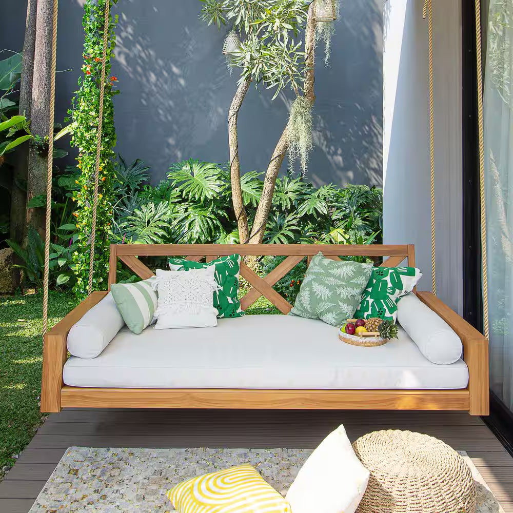 Largo 2-Person Teak Wood Porch Swing Daybed with off White Cushion