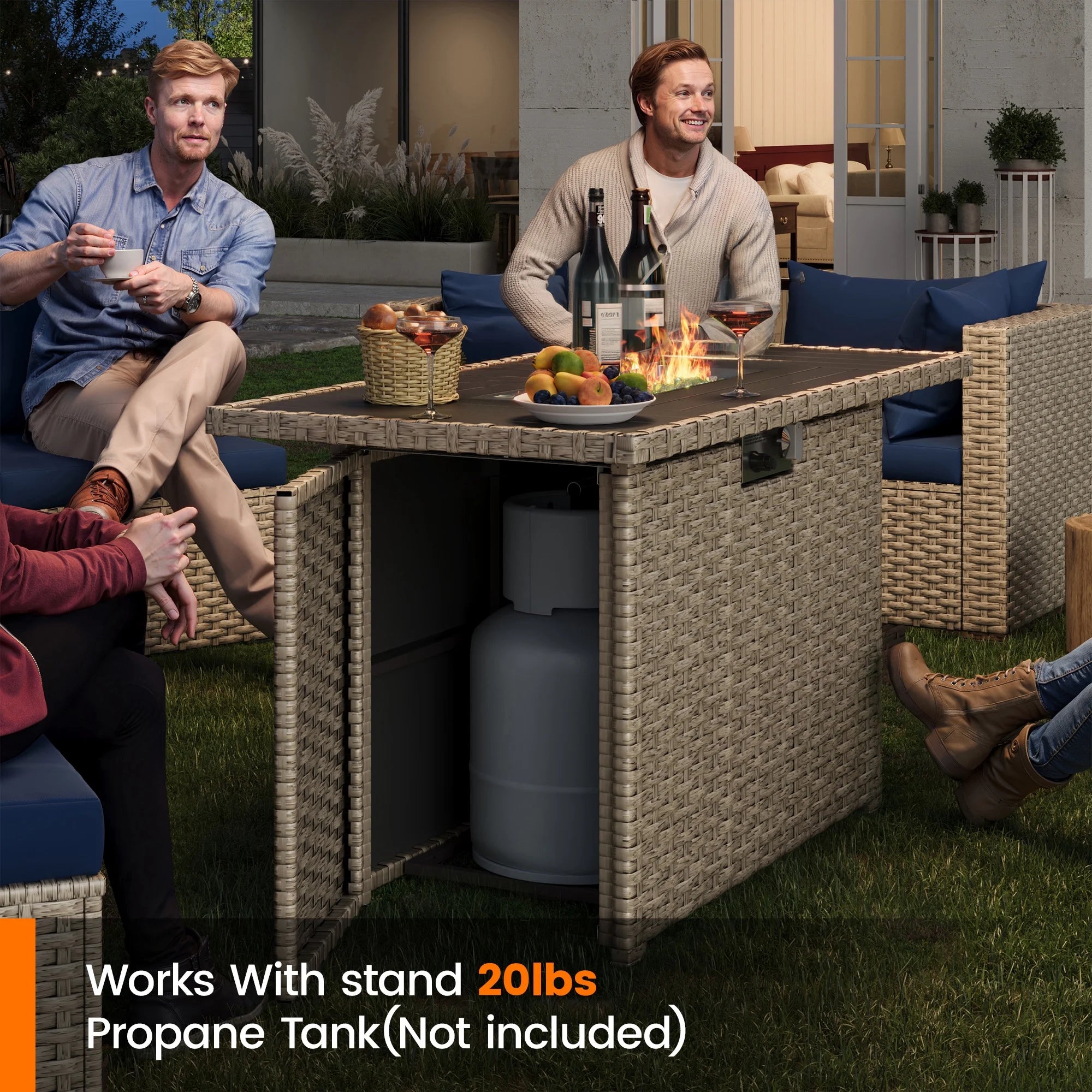 6 Pieces Patio Conversation Set with Firepit, Outdoor Sectional PE Rattan Wicker Furniture Seat,Navy