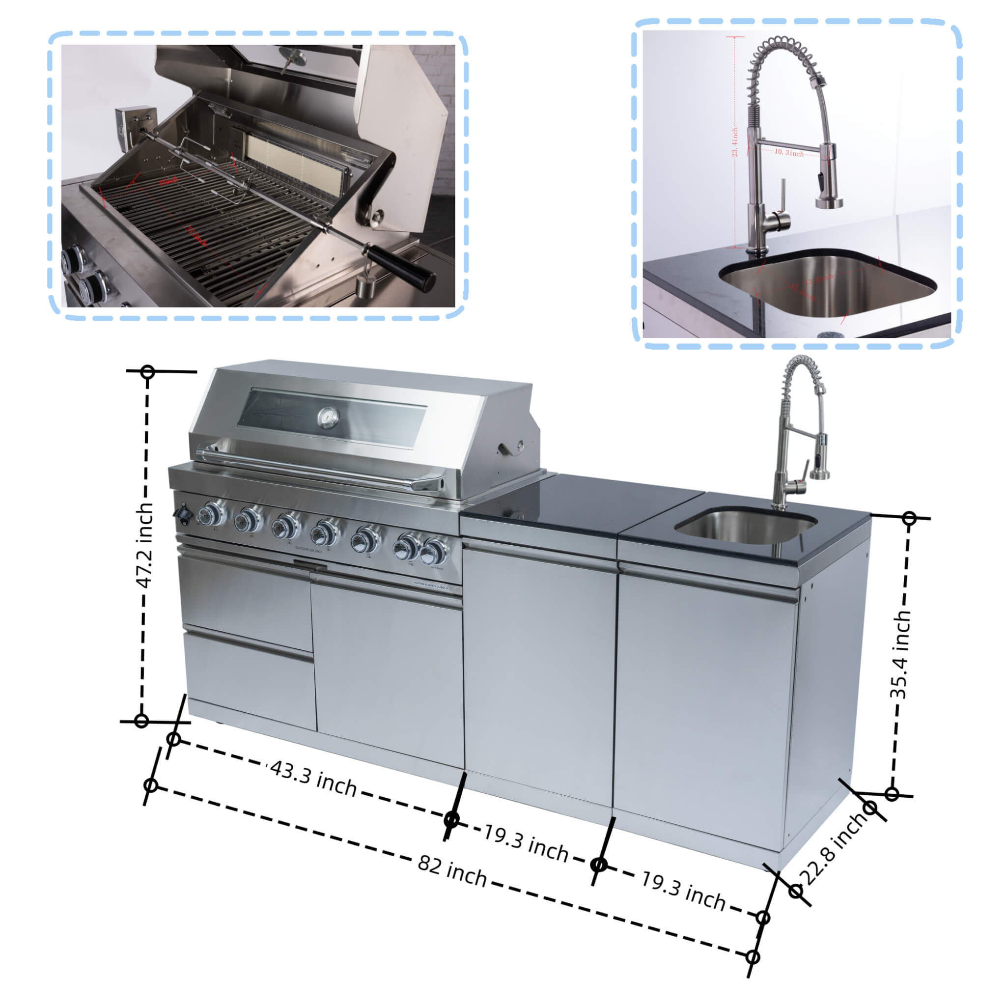 Castelle Flame Outdoor BBQ Kitchen Island with 43-Inch 6-Burner Gas Grill, Rotisserie Kit, Cabinets, and Sink