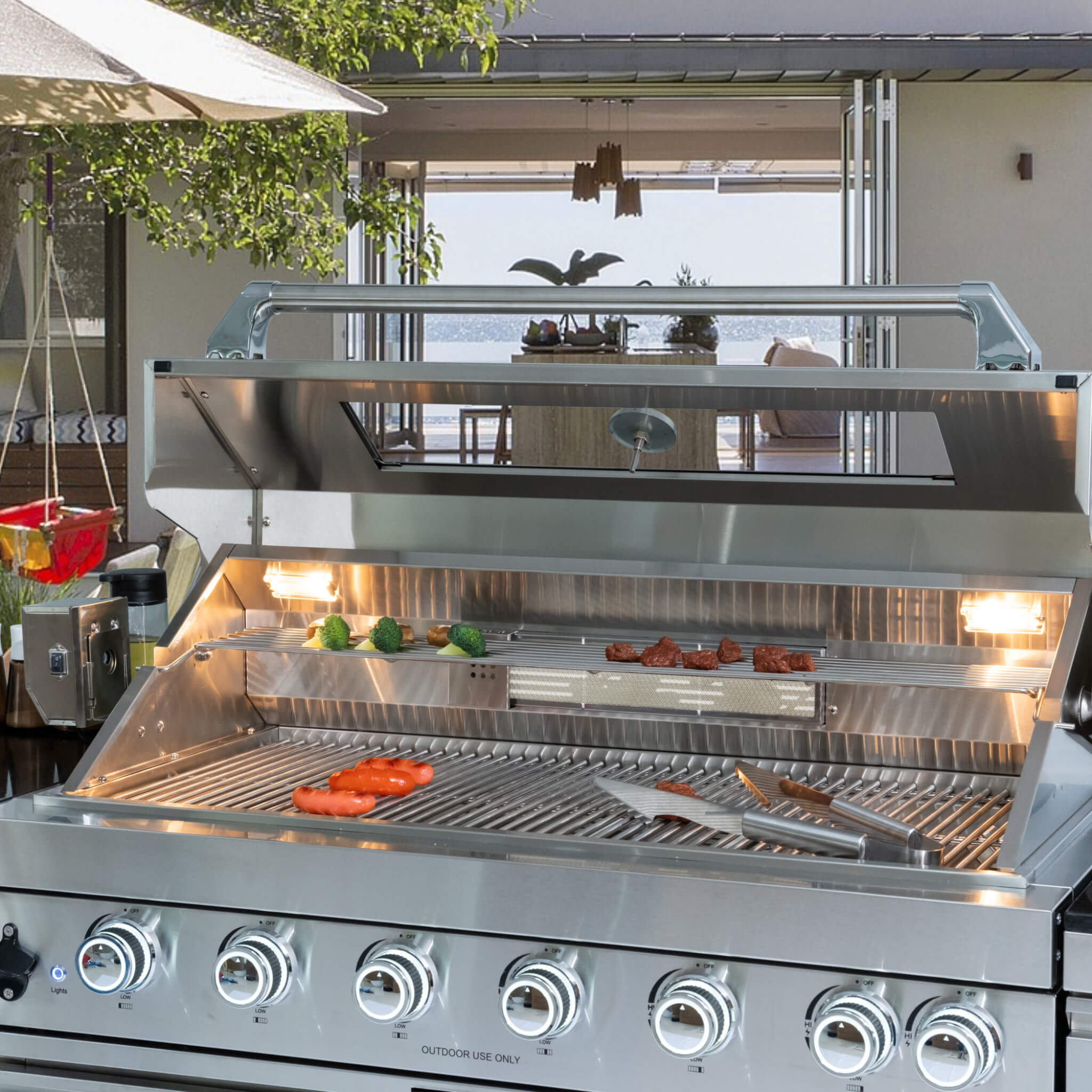Castelle Flame Outdoor BBQ Kitchen Island with 43-Inch 6-Burner Gas Grill, Rotisserie Kit, Cabinets, and Sink