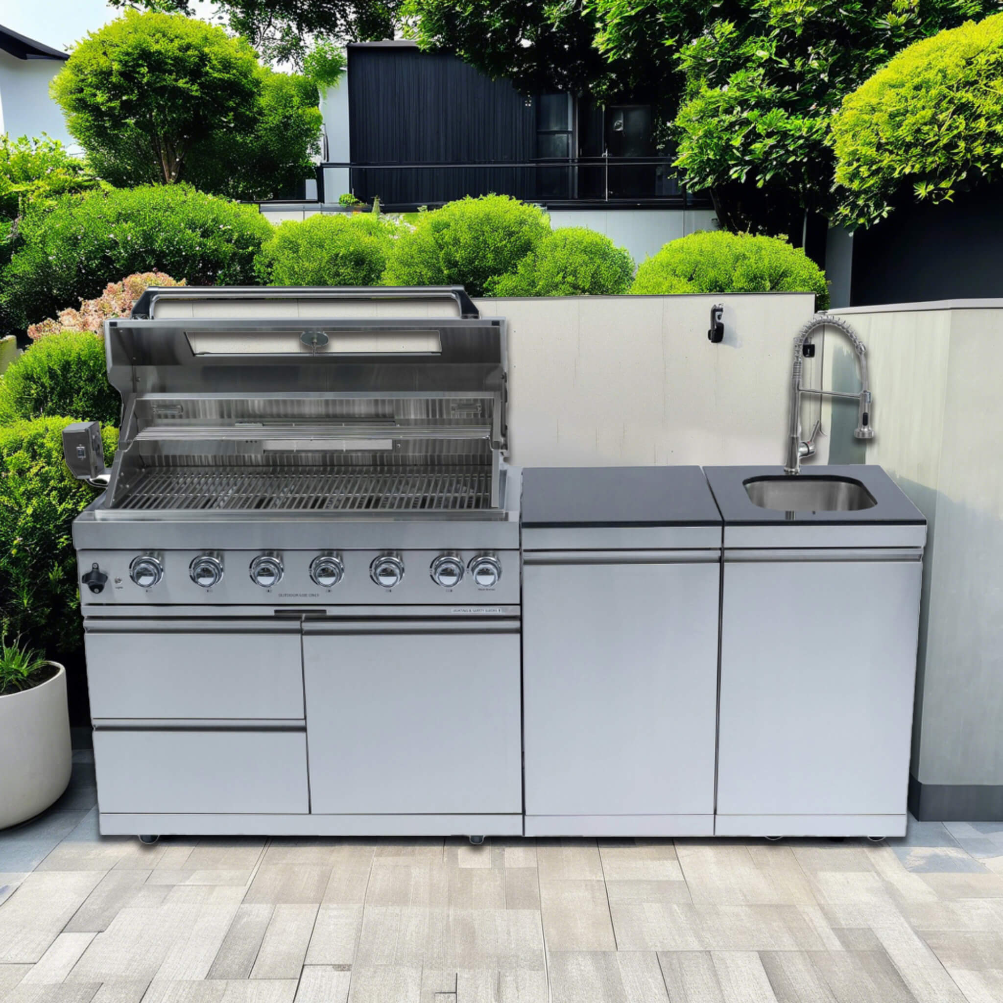 Castelle Flame Outdoor BBQ Kitchen Island with 43-Inch 6-Burner Gas Grill, Rotisserie Kit, Cabinets, and Sink