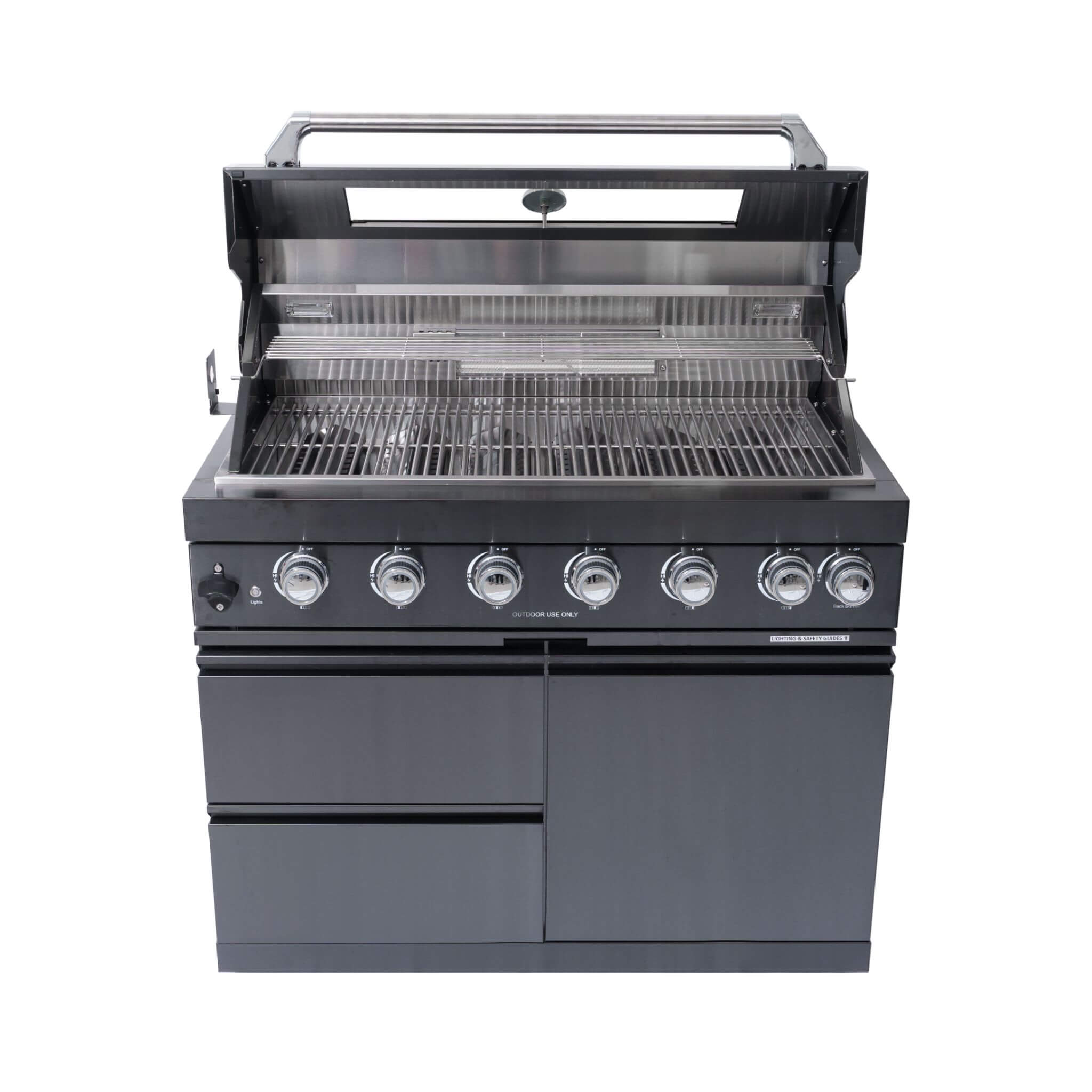 Castelle Flame Black Stainless Steel 6-Burner Gas Grill Kitchen Island with Rotisserie Kit