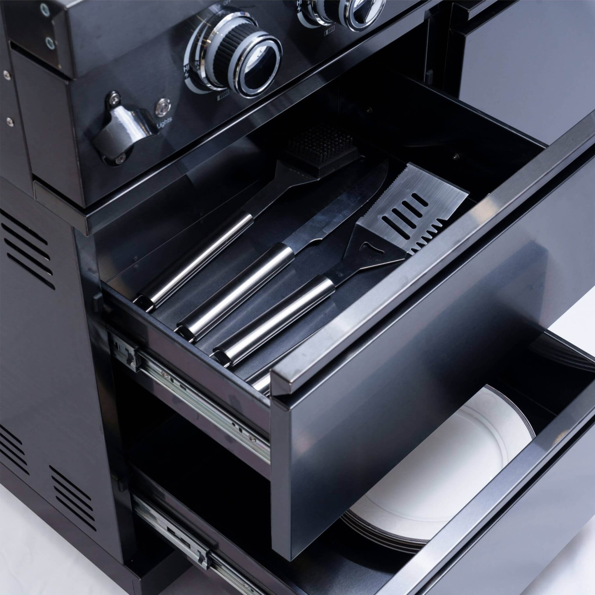 Castelle Flame Black Stainless Steel 6-Burner Gas Grill Kitchen Island with Rotisserie Kit
