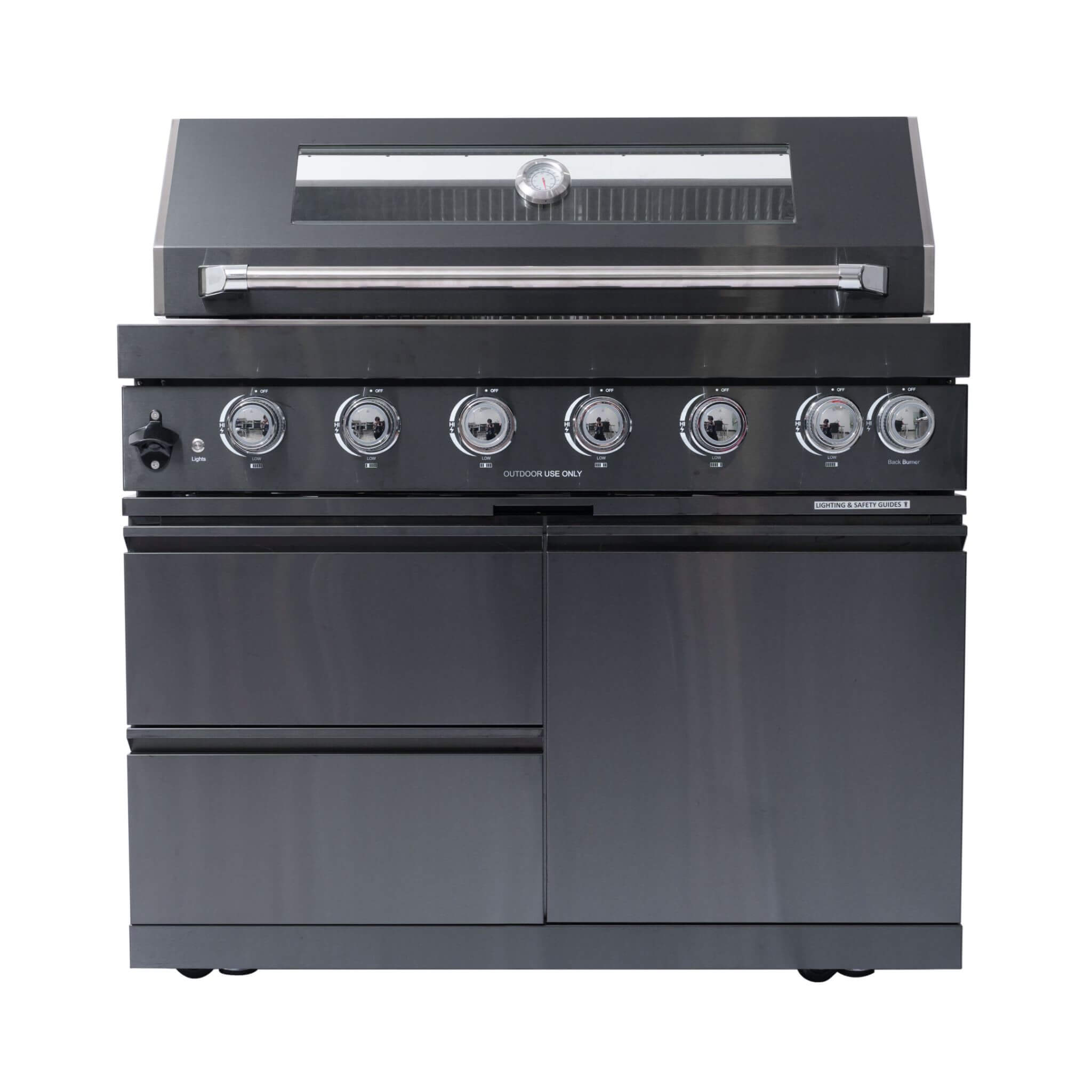 Castelle Flame Black Stainless Steel 6-Burner Gas Grill Kitchen Island with Rotisserie Kit
