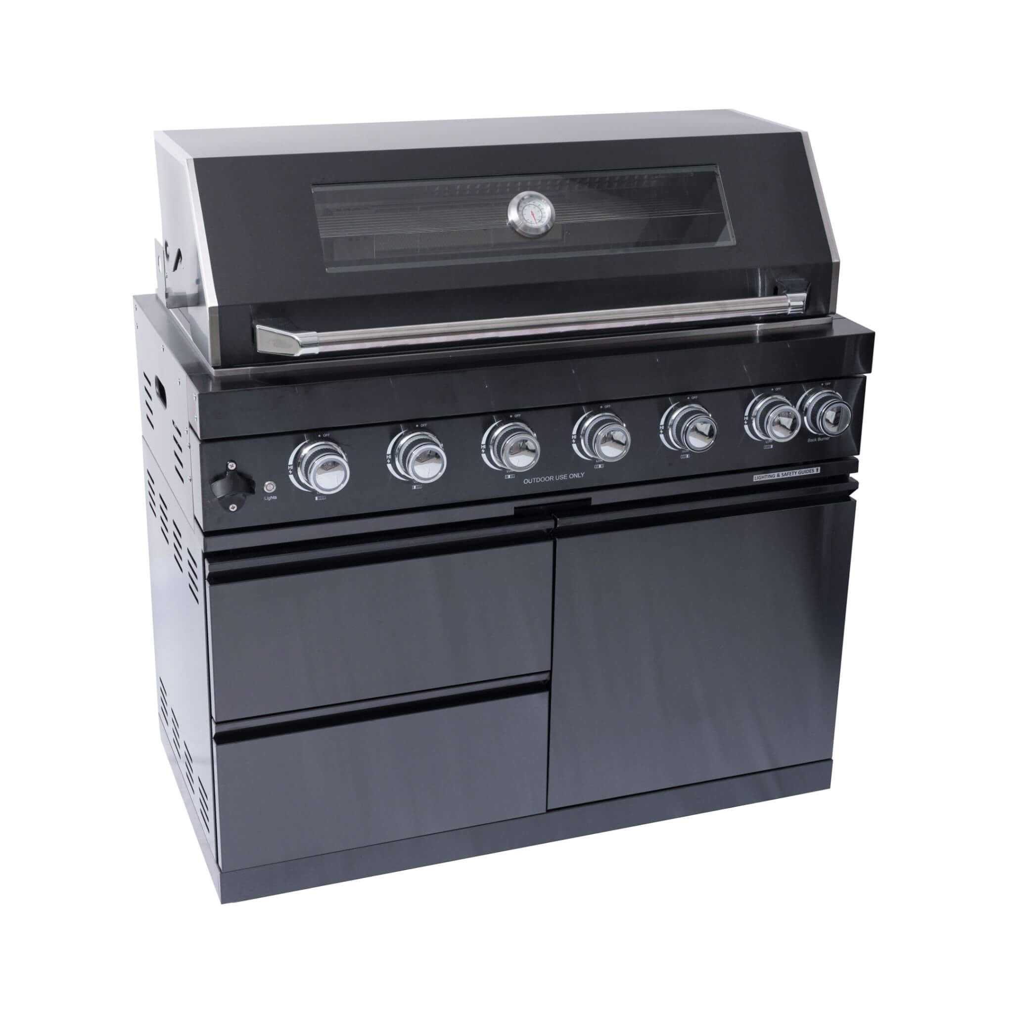Castelle Flame Black Stainless Steel 6-Burner Gas Grill Kitchen Island with Rotisserie Kit