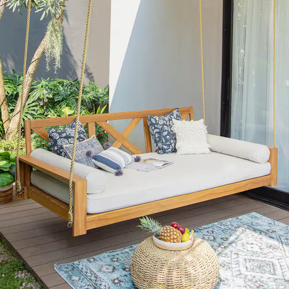 Largo 2-Person Teak Wood Porch Swing Daybed with off White Cushion