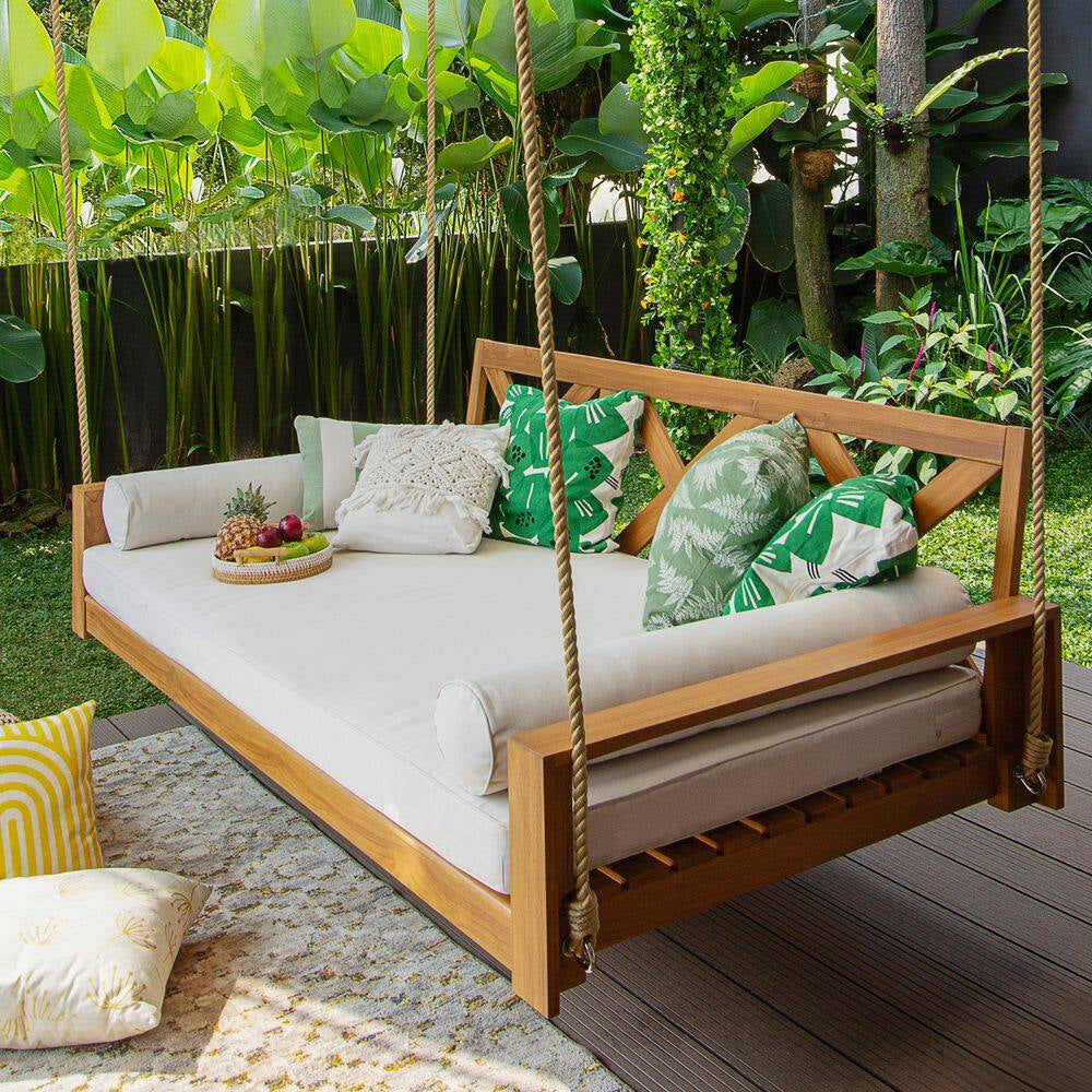 Largo 2-Person Teak Wood Porch Swing Daybed with off White Cushion