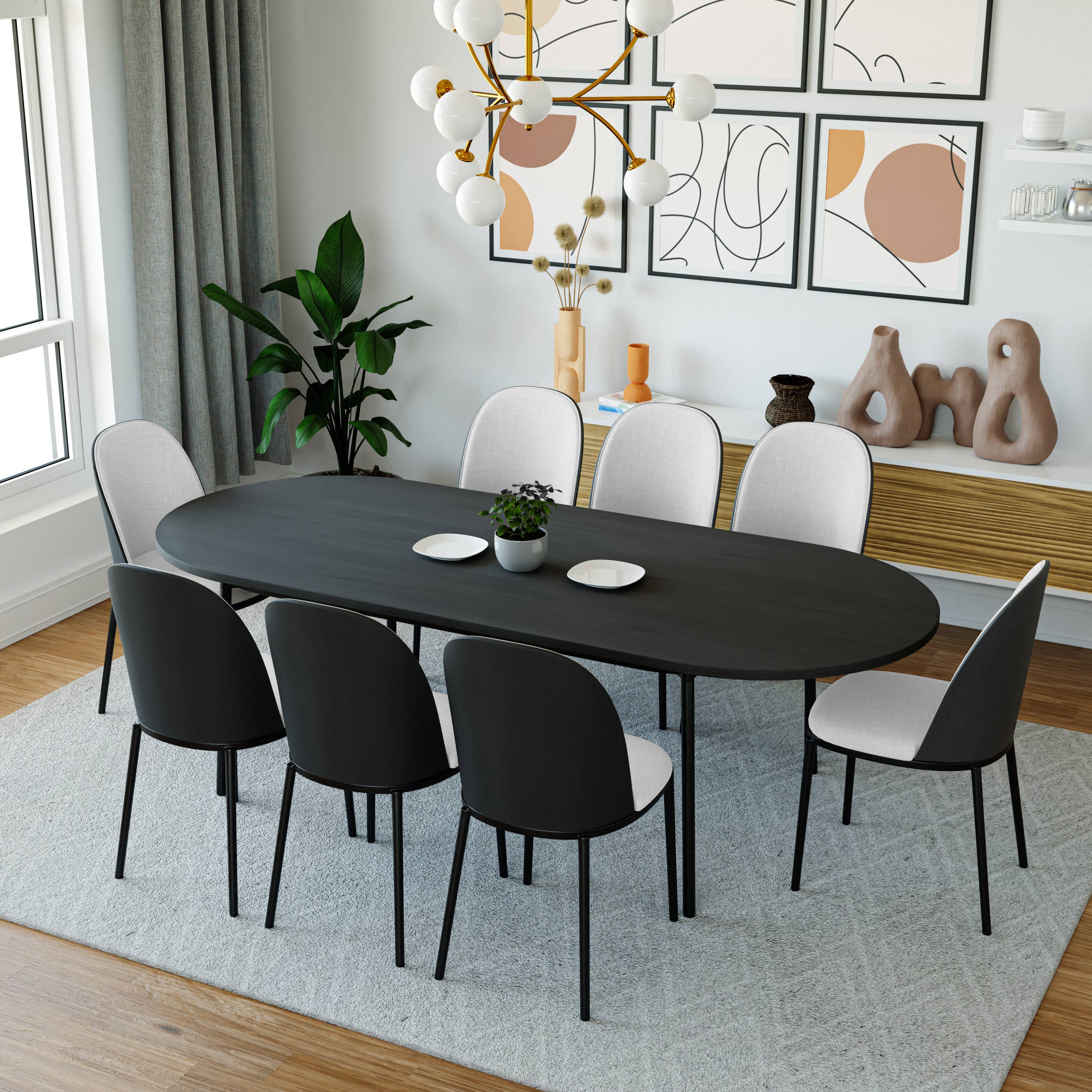 LeisureMod Tule Dining Set with 8 Chairs and 83" Oval Table