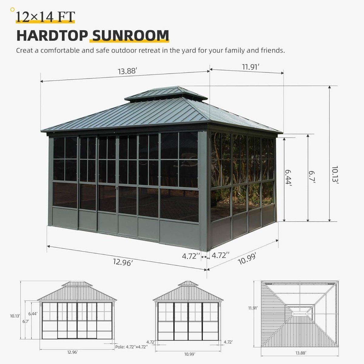 Alora All-Season Aluminum Gazebo with Steel Double Roof and Sliding Doors