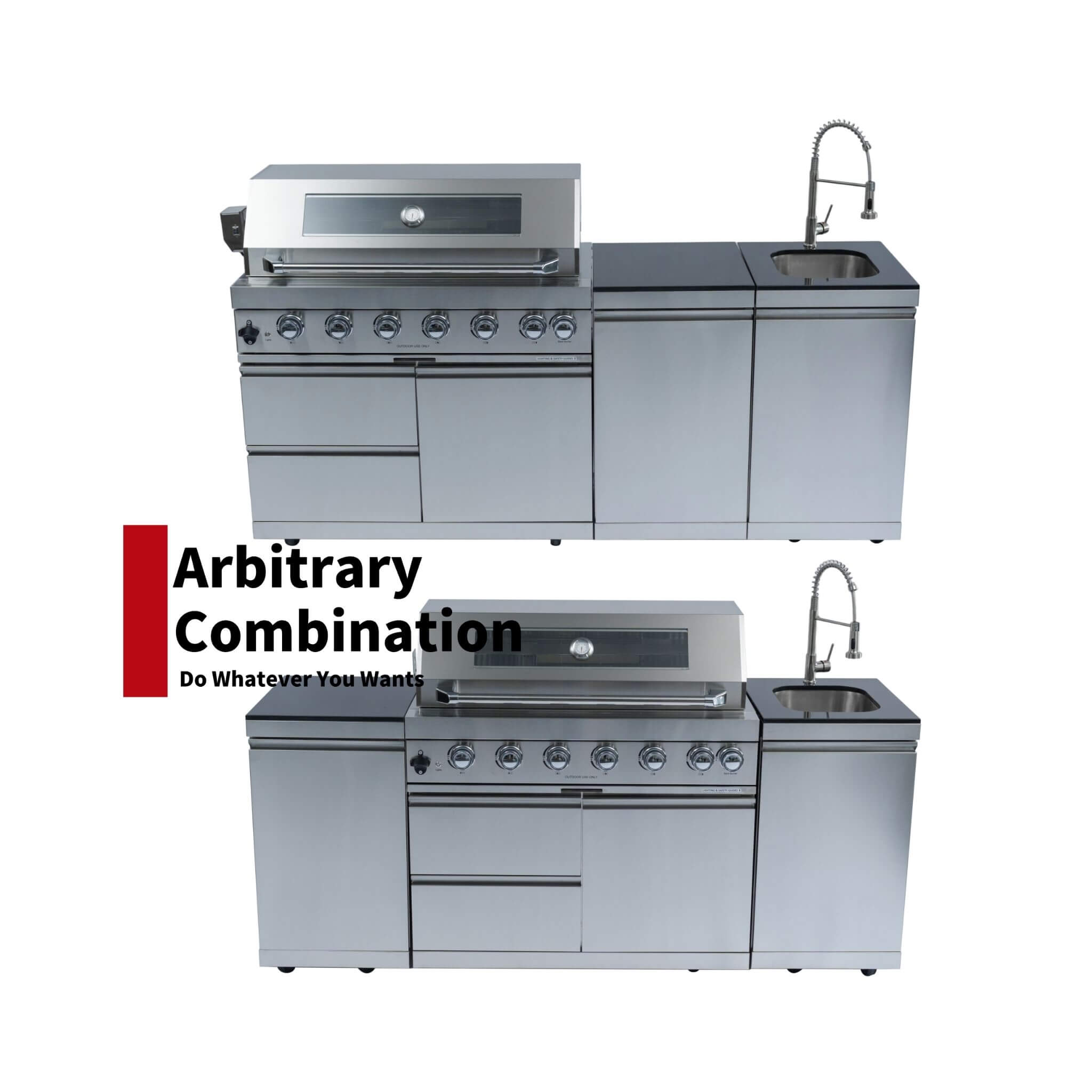 Castelle Flame Outdoor BBQ Kitchen Island with 43-Inch 6-Burner Gas Grill, Rotisserie Kit, Cabinets, and Sink