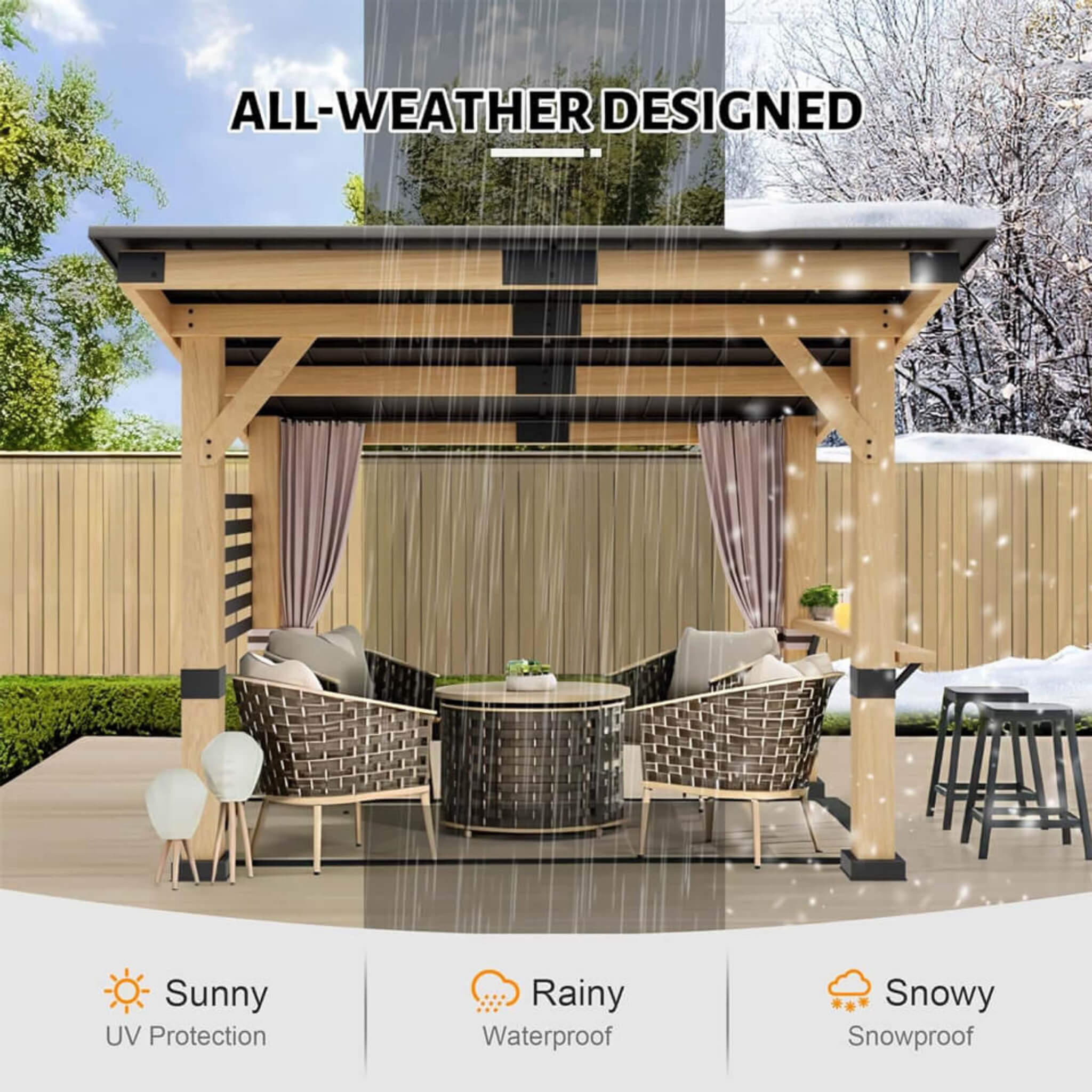 Alora Cedar Hardtop Outdoor Gazebo with Metal Roof and Back Curtains