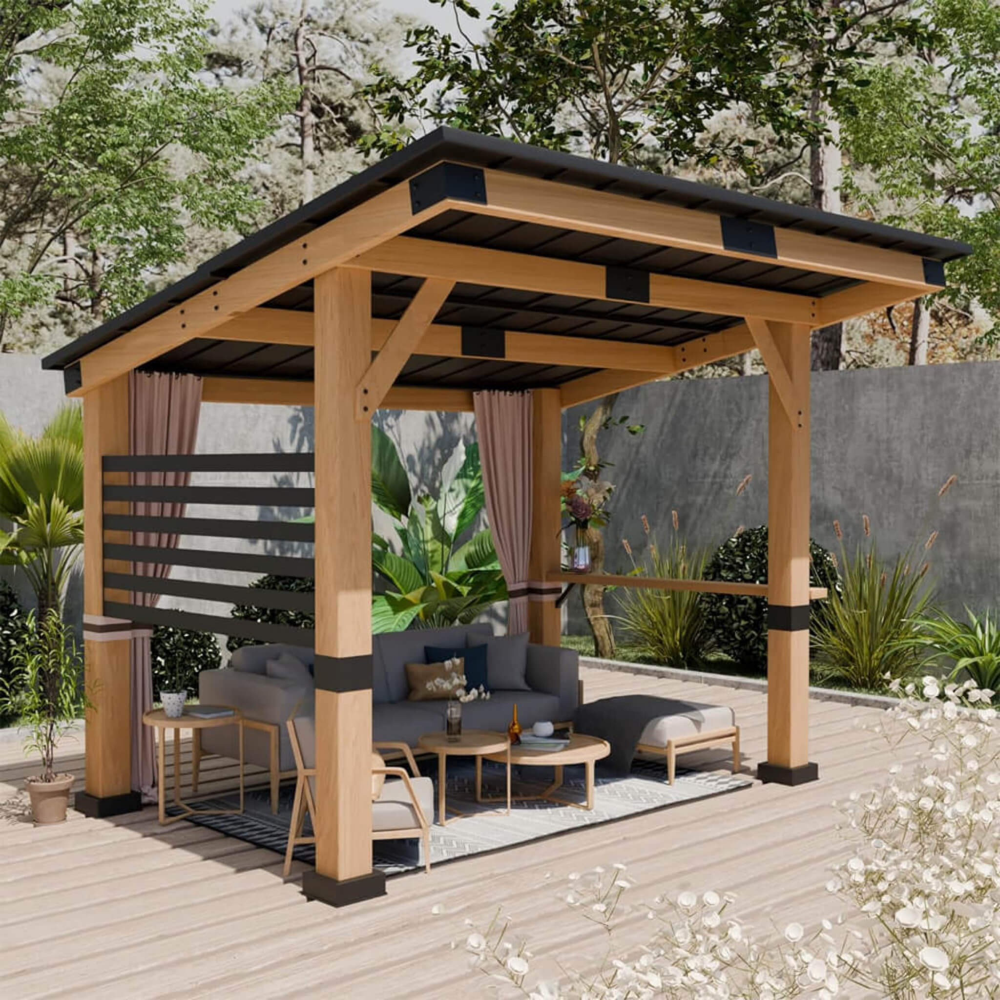 Alora Cedar Hardtop Outdoor Gazebo with Metal Roof and Back Curtains