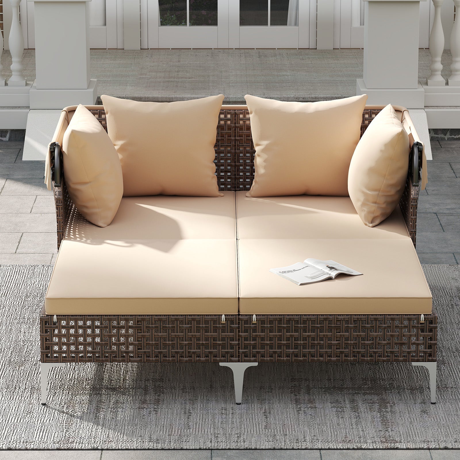 Outdoor Daybed with Retractable Canopy PE Wicker Rattan Patio Lounger