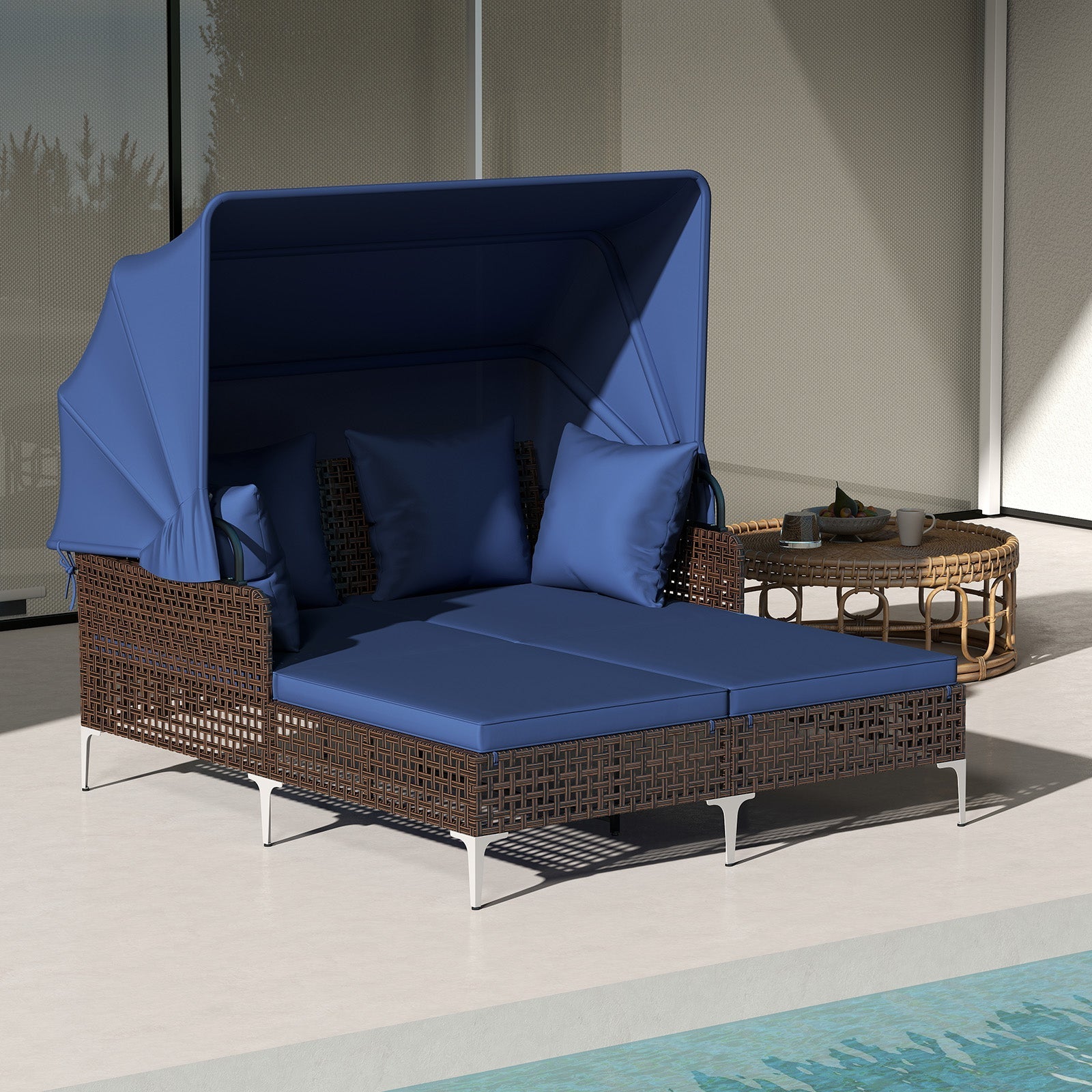 Outdoor Daybed with Retractable Canopy PE Wicker Rattan Patio Lounger