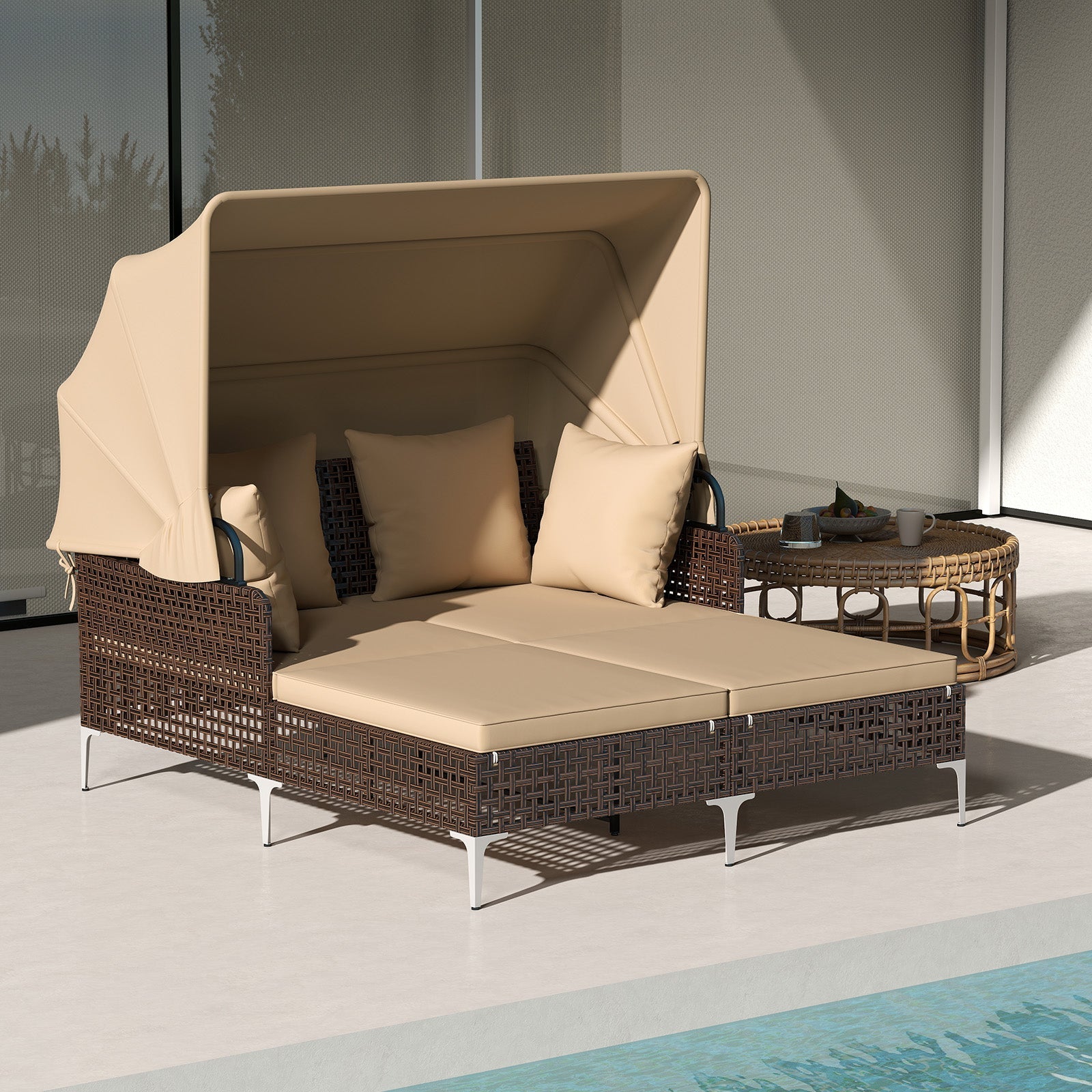 Outdoor Daybed with Retractable Canopy PE Wicker Rattan Patio Lounger
