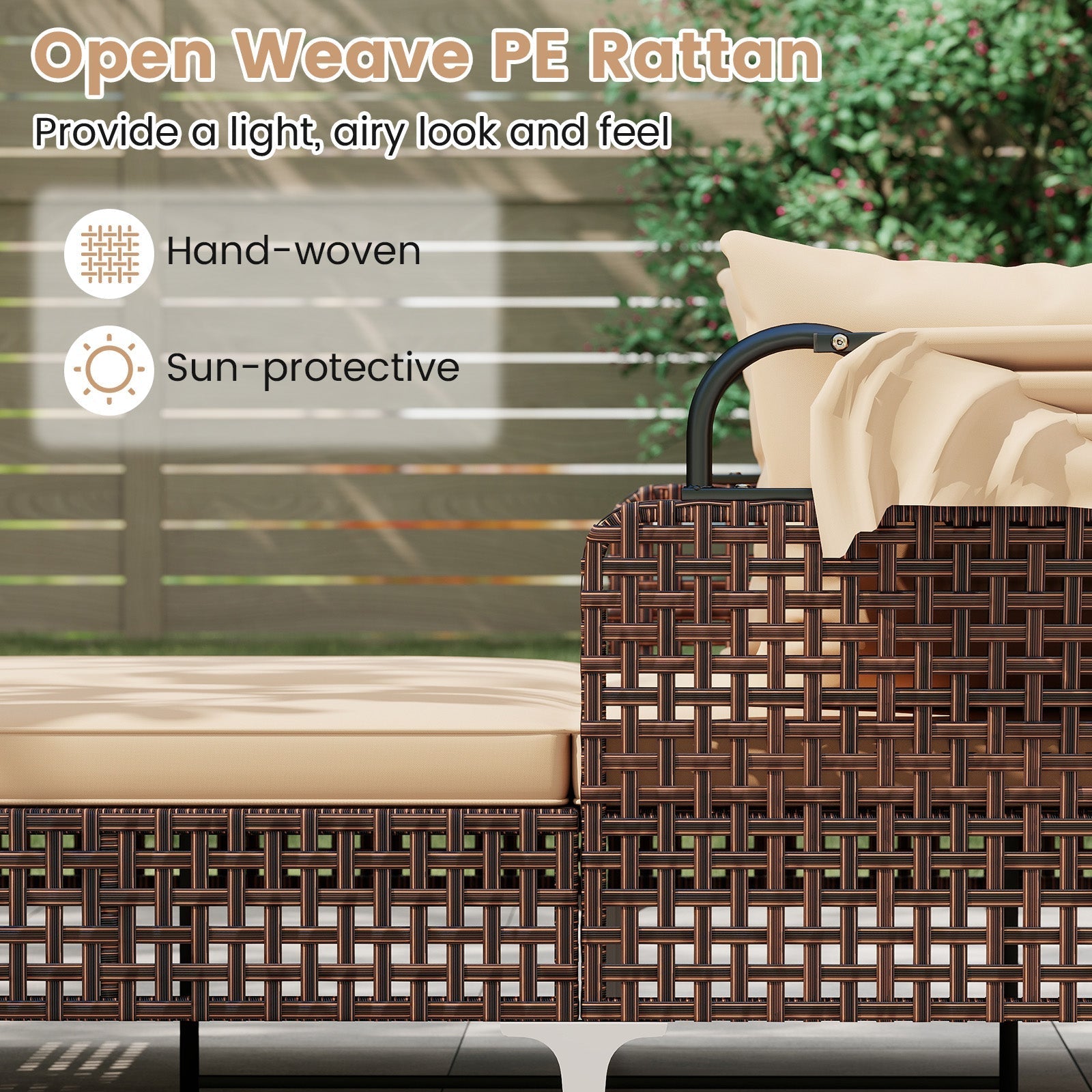 Outdoor Daybed with Retractable Canopy PE Wicker Rattan Patio Lounger