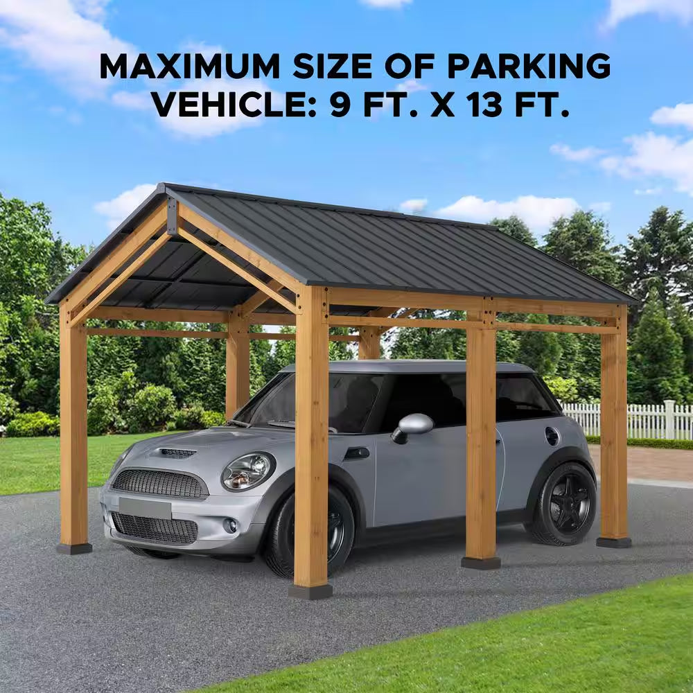 Hanover 11 Ft. W X 13 Ft. D X 10 Ft. H Cedar Wood Frame Carport Gazebo with Powdwe Coated Steel Roof