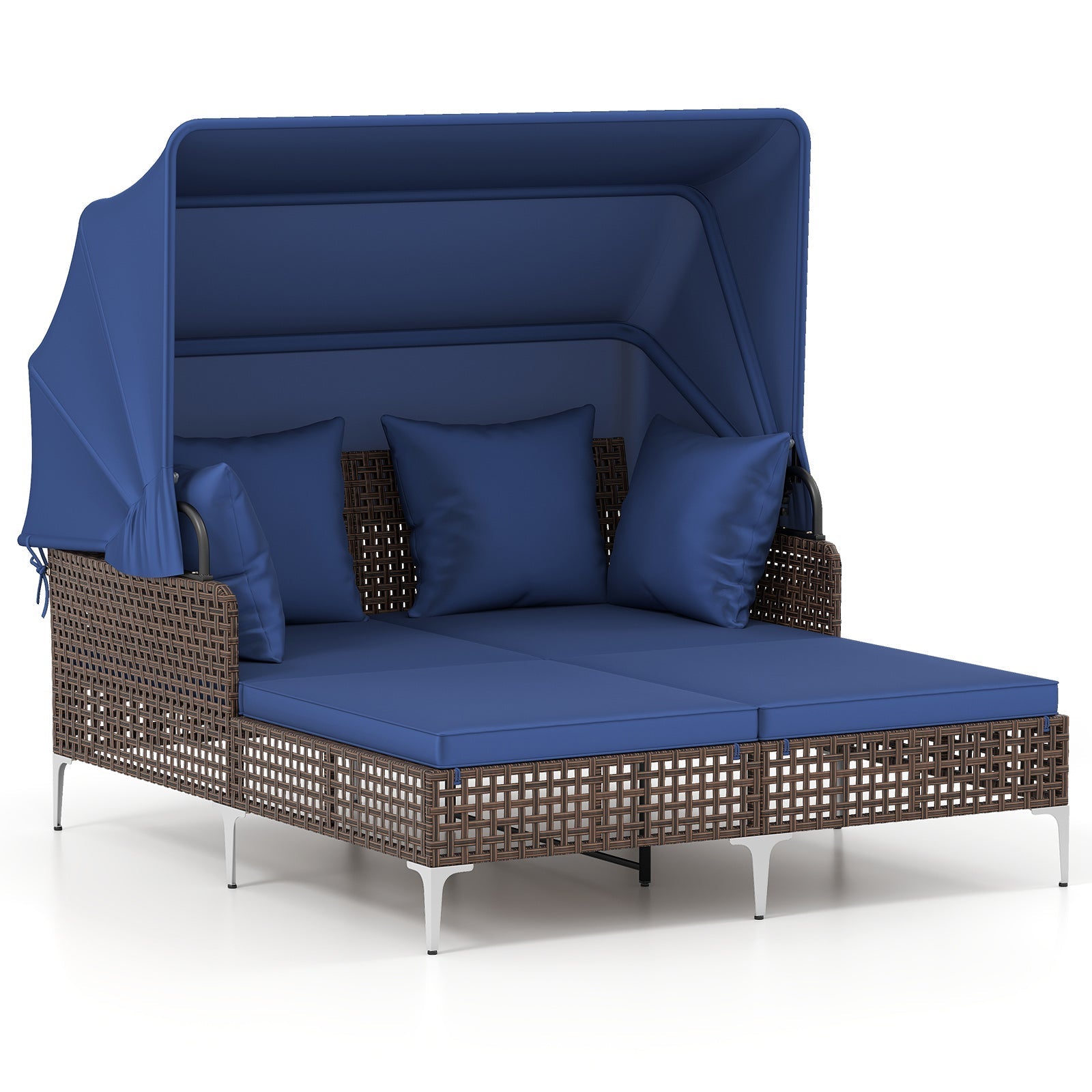 Outdoor Daybed with Retractable Canopy PE Wicker Rattan Patio Lounger