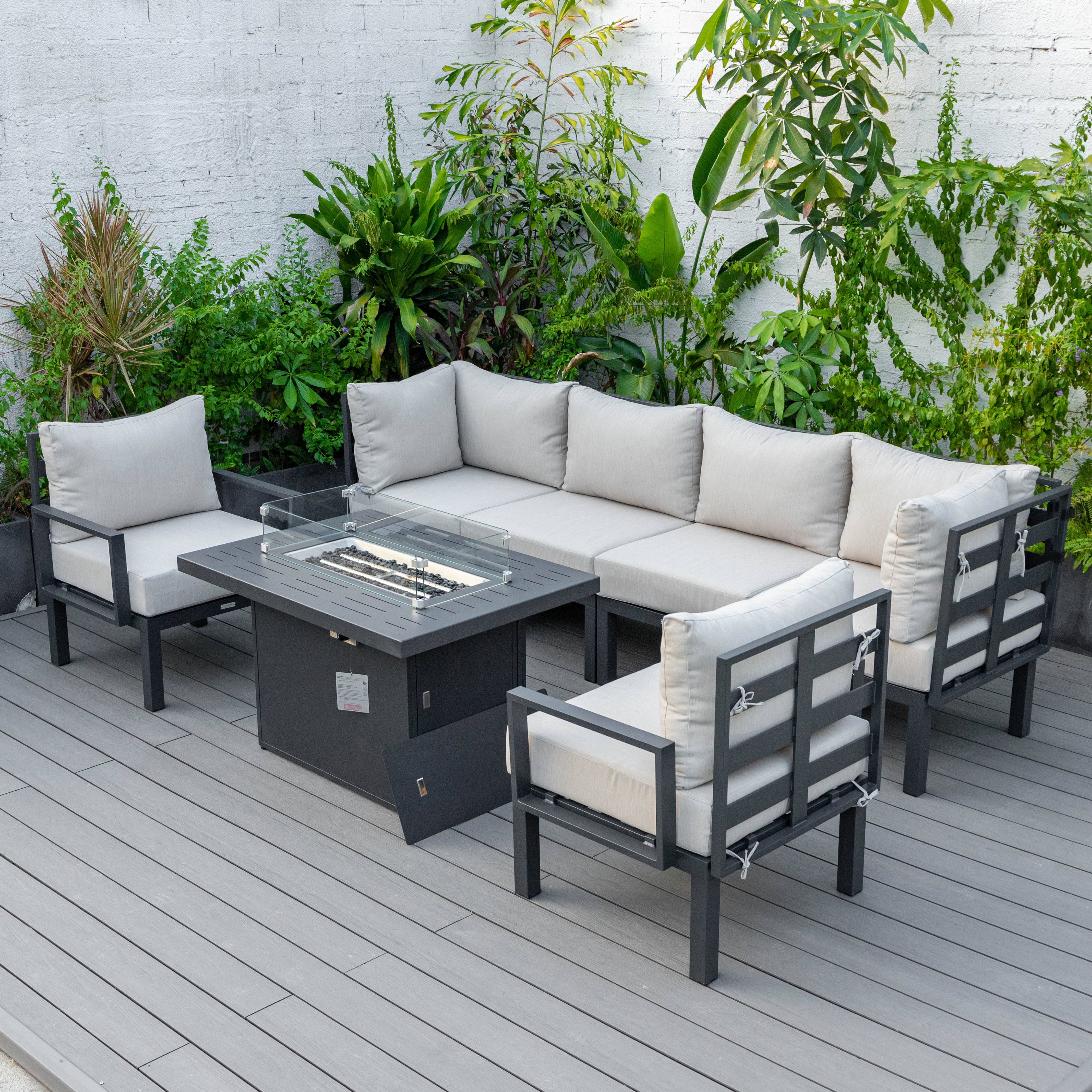 LeisureMod Chelsea 7-Piece Outdoor Sectional Sofa Set with Propane Fire Pit Table