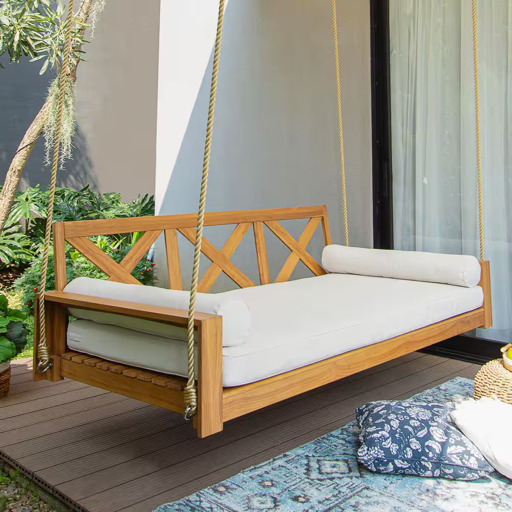 Largo 2-Person Teak Wood Porch Swing Daybed with off White Cushion