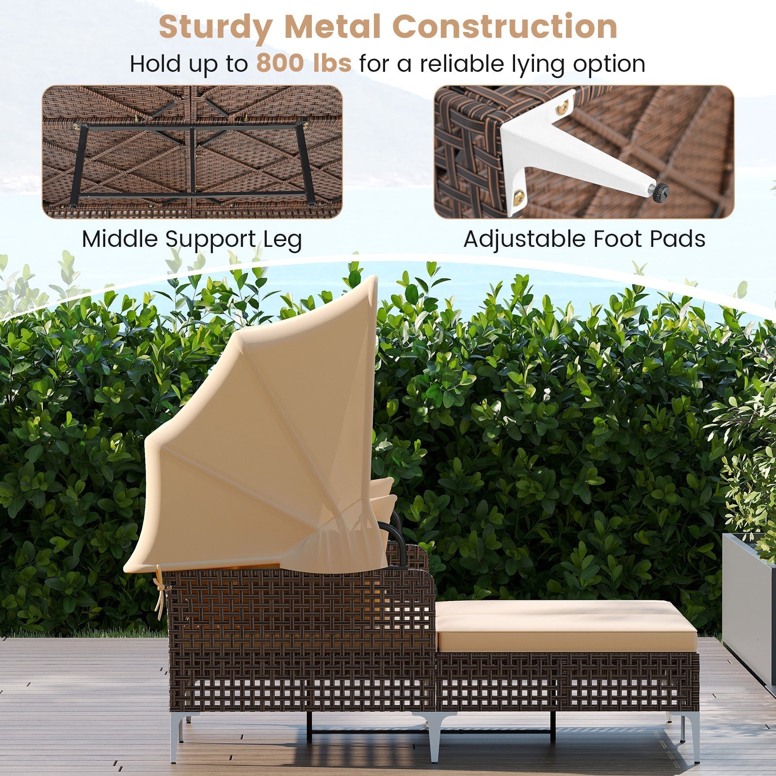 Outdoor Daybed with Retractable Canopy PE Wicker Rattan Patio Lounger