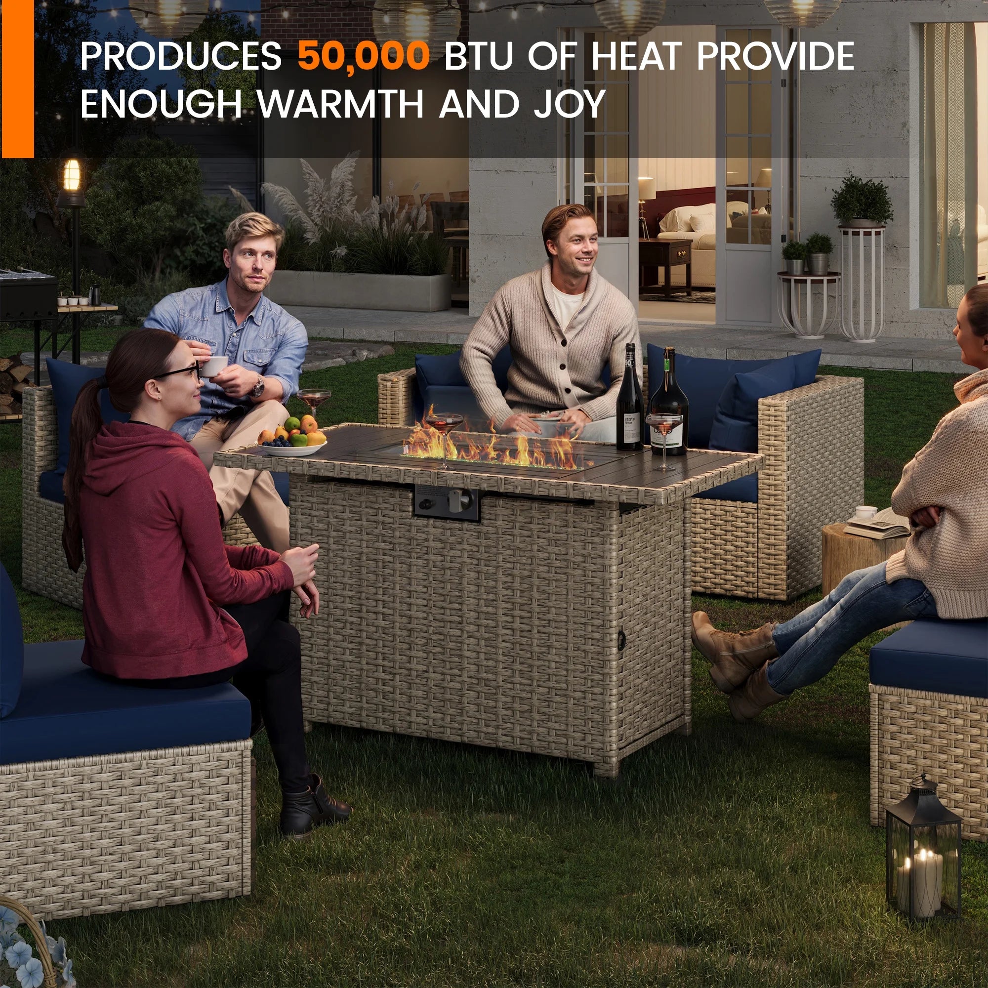 6 Pieces Patio Conversation Set with Firepit, Outdoor Sectional PE Rattan Wicker Furniture Seat,Navy