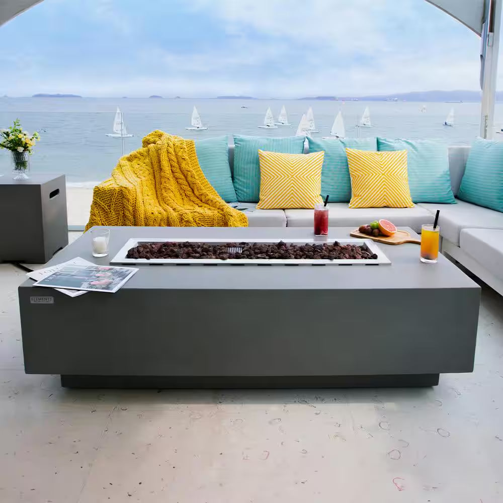 Granville Outdoor Fire Pit 60 In. X 27 In. Rectangular Concrete Propane Fire Table with Lava Rocks and Cover