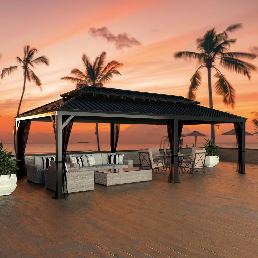 24 Ft. W X 14 Ft. D Aluminum Hardtop Gazebo with Galvanized Double Roof and Textilene Netting