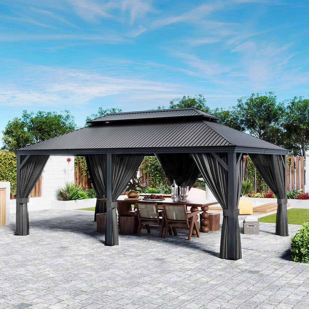 12 Ft. X 20 Ft. Double Roof Hardtop Aluminum Patio Gazebo with Netting and Gray Curtains