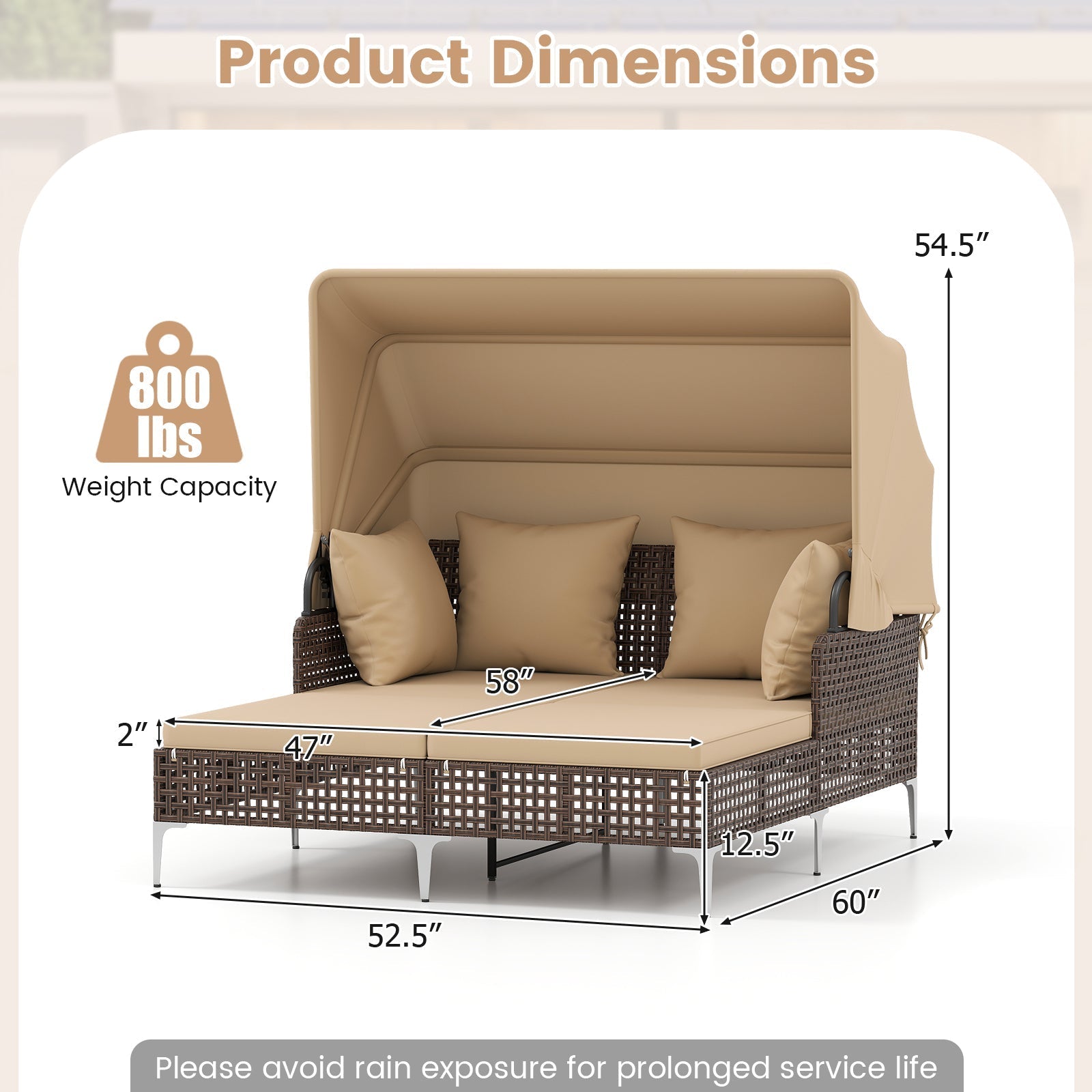 Outdoor Daybed with Retractable Canopy PE Wicker Rattan Patio Lounger