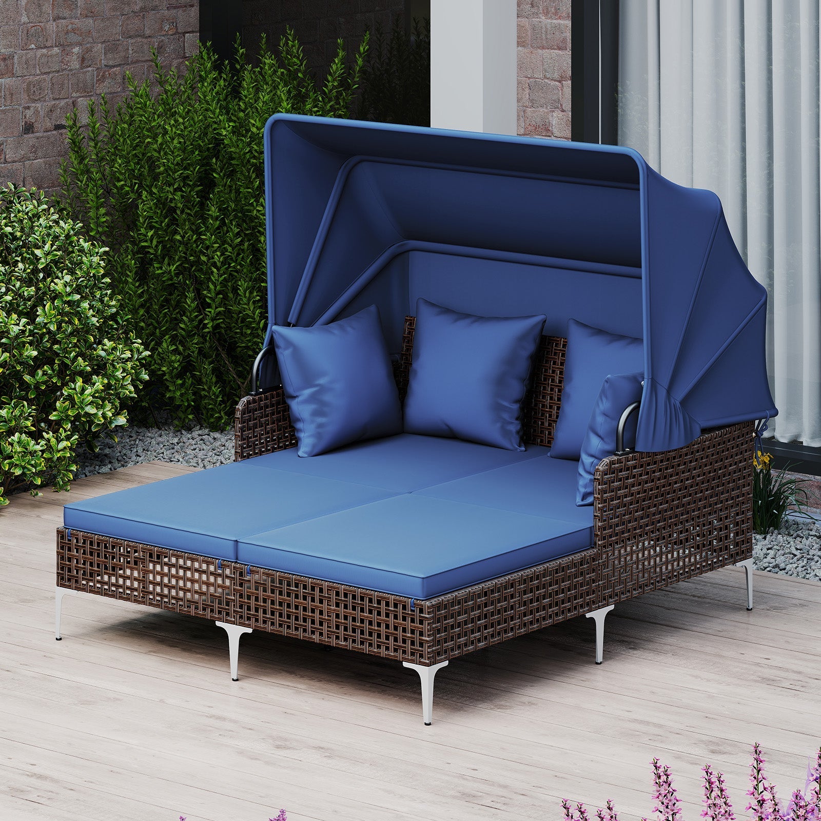Outdoor Daybed with Retractable Canopy PE Wicker Rattan Patio Lounger