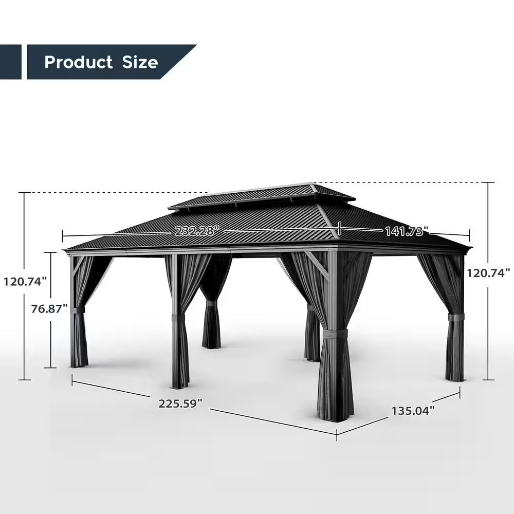 12 Ft. X 20 Ft. Double Roof Hardtop Aluminum Patio Gazebo with Netting and Gray Curtains
