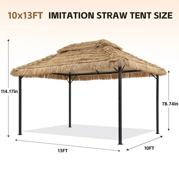 Ainfox 10x13 FT Imitation Straw Patio Gazebo-Heavy Duty Metal Frame Double Tier Ventilated Roof Outdoor Tiki Hut Shade Canopy for Backyard Pool Deck