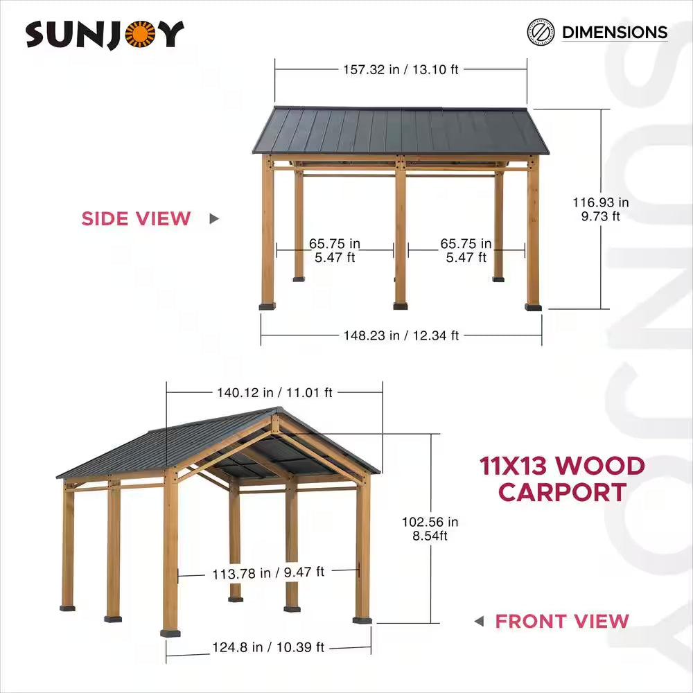 Hanover 11 Ft. W X 13 Ft. D X 10 Ft. H Cedar Wood Frame Carport Gazebo with Powdwe Coated Steel Roof