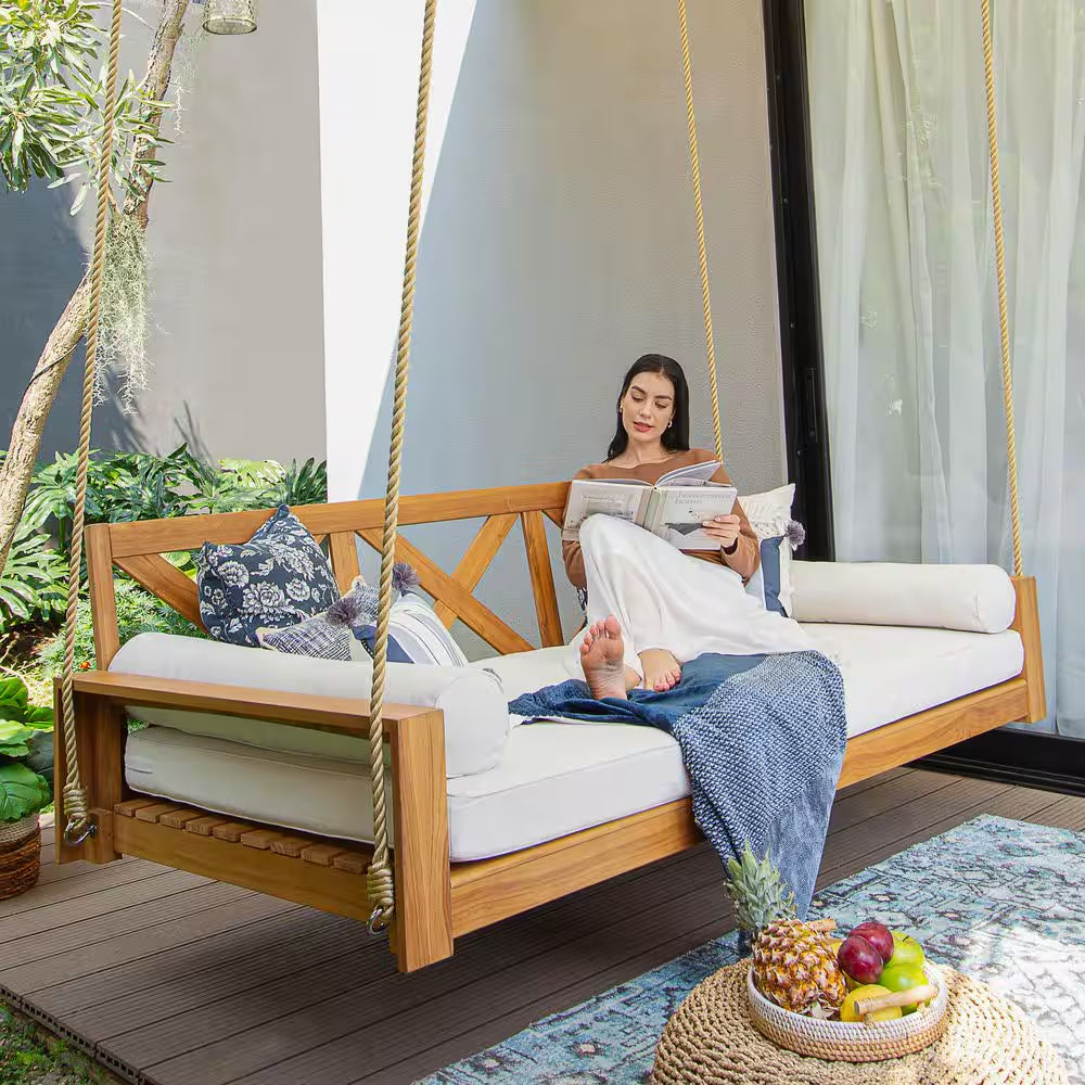 Largo 2-Person Teak Wood Porch Swing Daybed with off White Cushion