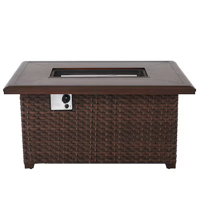 Brown wicker fire pit table with a brown top on a white background